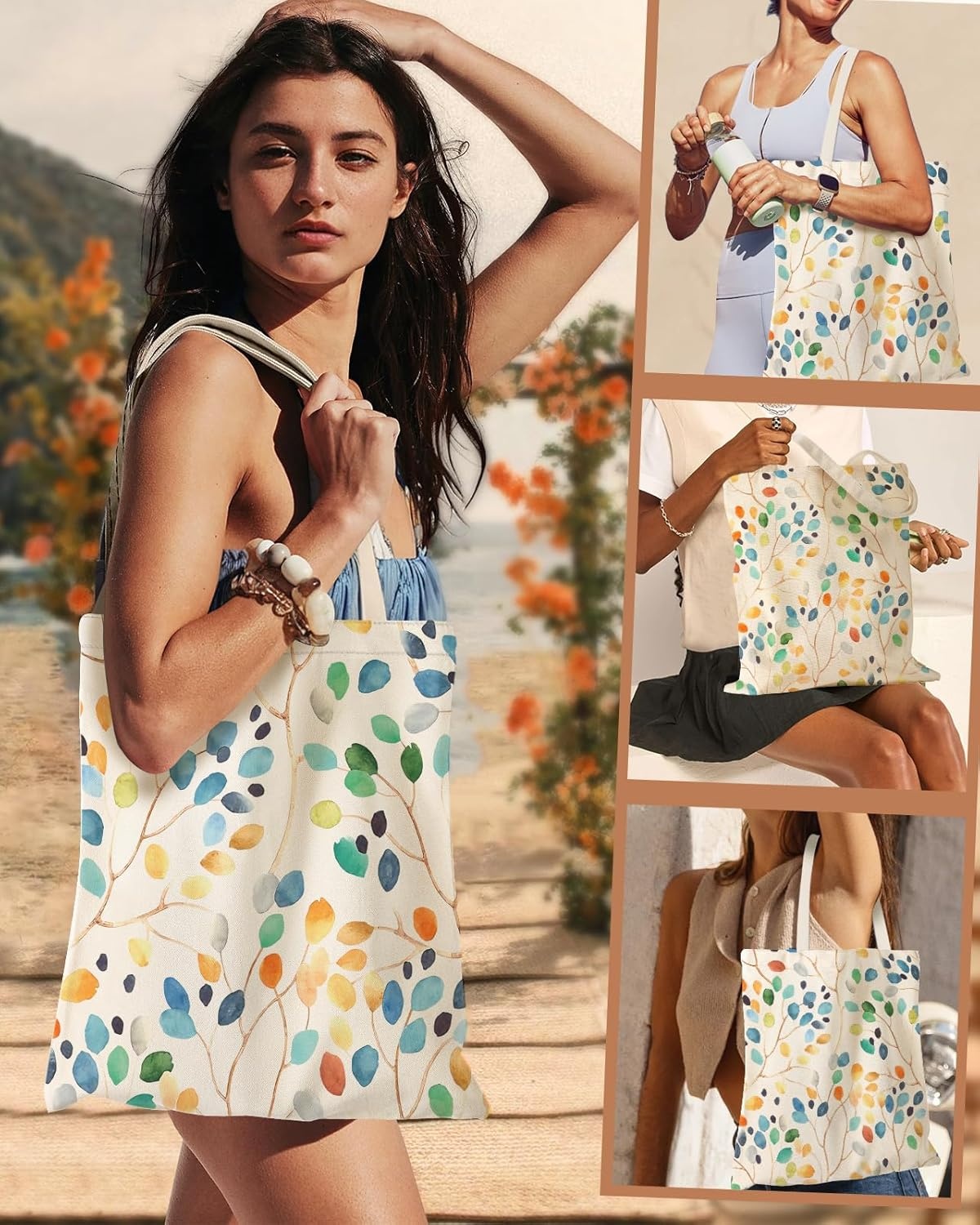 image:imageMiss Adola Aesthetic Canvas Tote Bag for Women Sturdy Cloth Cotton Totes Bag with Pattern Shoulder BagLeaves