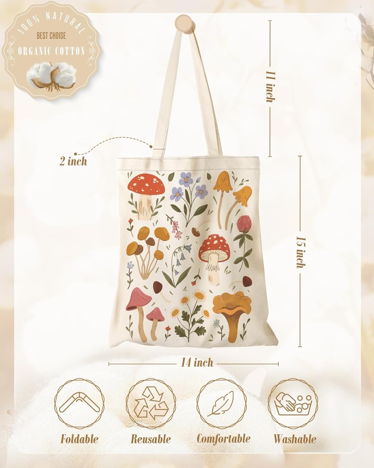image:imageMiss Adola Aesthetic Canvas Tote Bag for Women Sturdy Cloth Cotton Totes Bag with Pattern Shoulder BagMushroom Flora