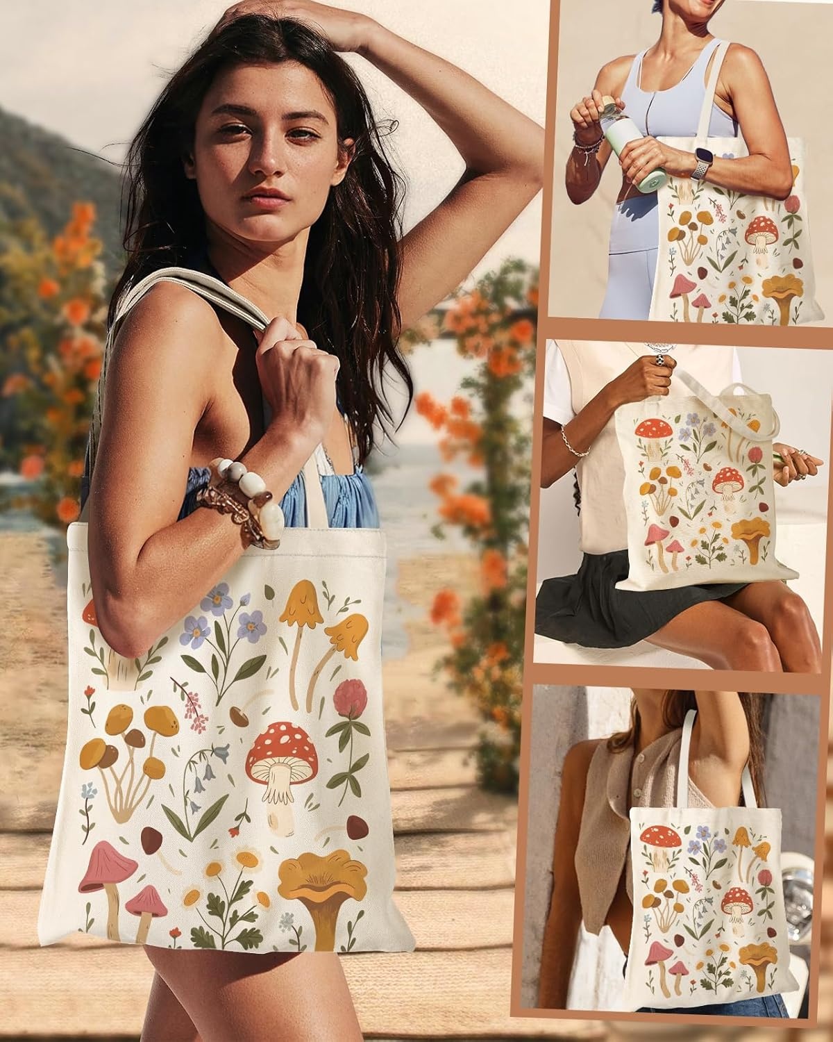 image:imageMiss Adola Aesthetic Canvas Tote Bag for Women Sturdy Cloth Cotton Totes Bag with Pattern Shoulder BagMushroom Flora