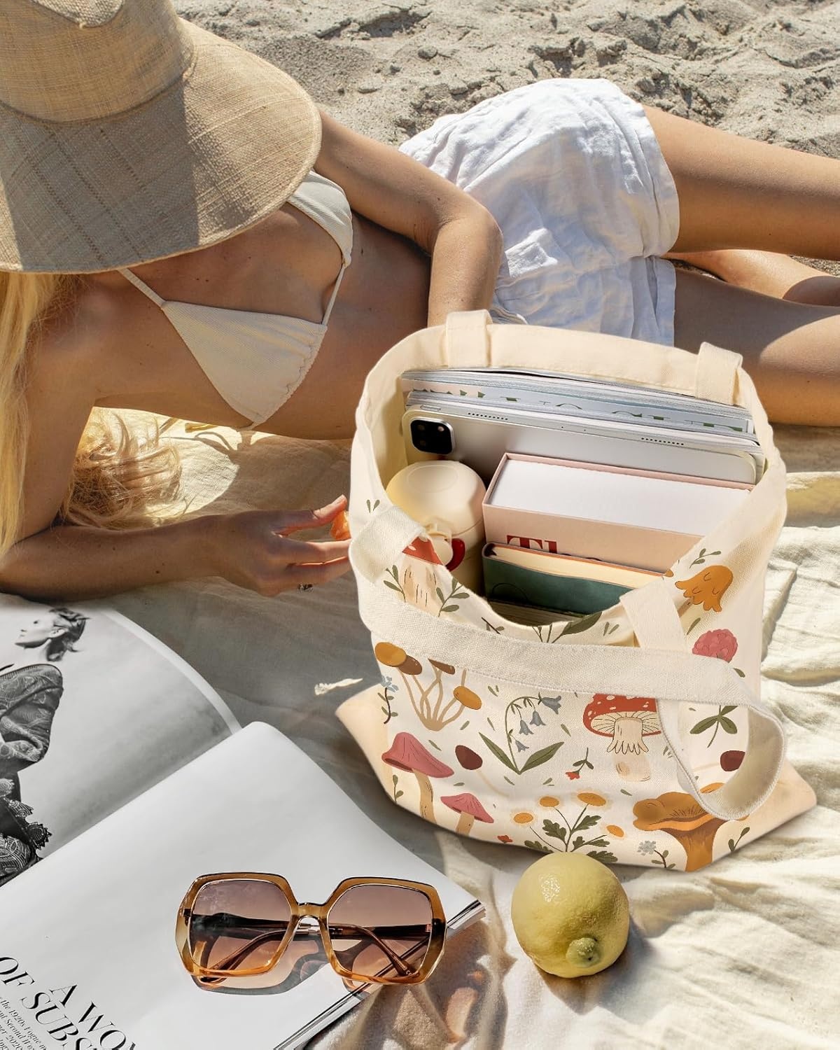 image:imageMiss Adola Aesthetic Canvas Tote Bag for Women Sturdy Cloth Cotton Totes Bag with Pattern Shoulder BagMushroom Flora