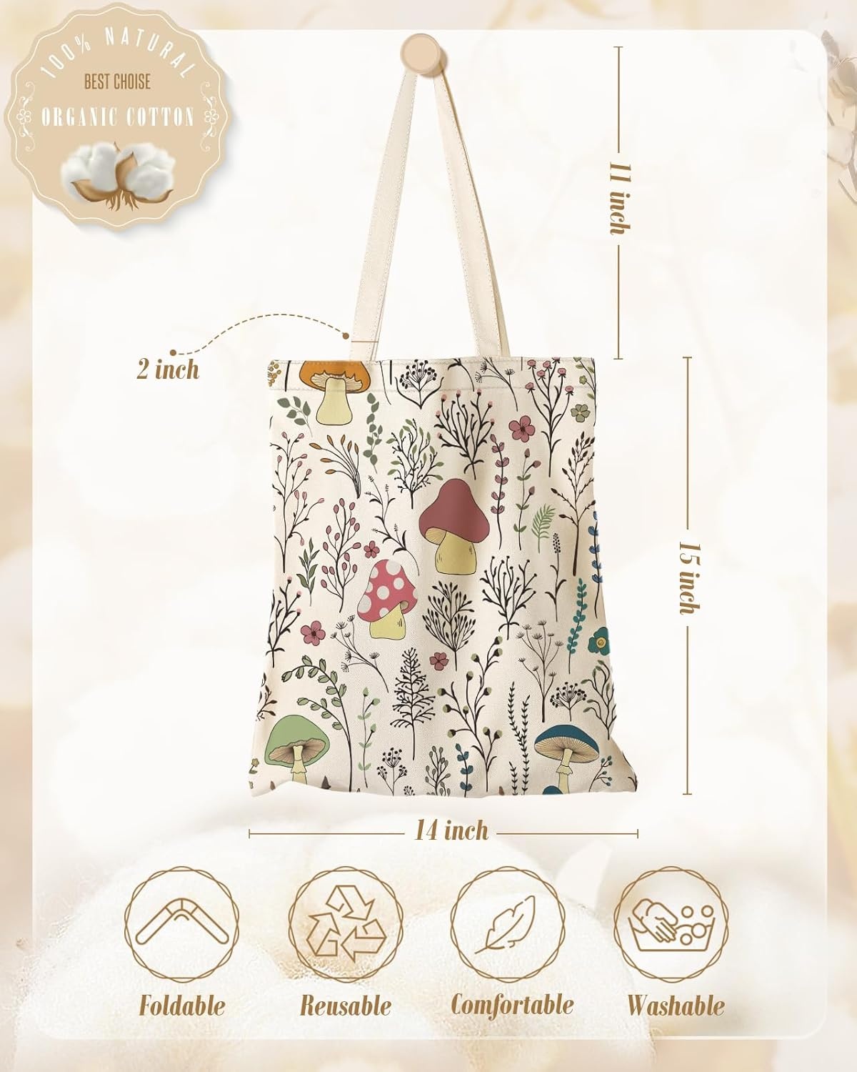 image:imageMiss Adola Aesthetic Canvas Tote Bag for Women Sturdy Cloth Cotton Totes Bag with Pattern Shoulder BagMushroom Flower