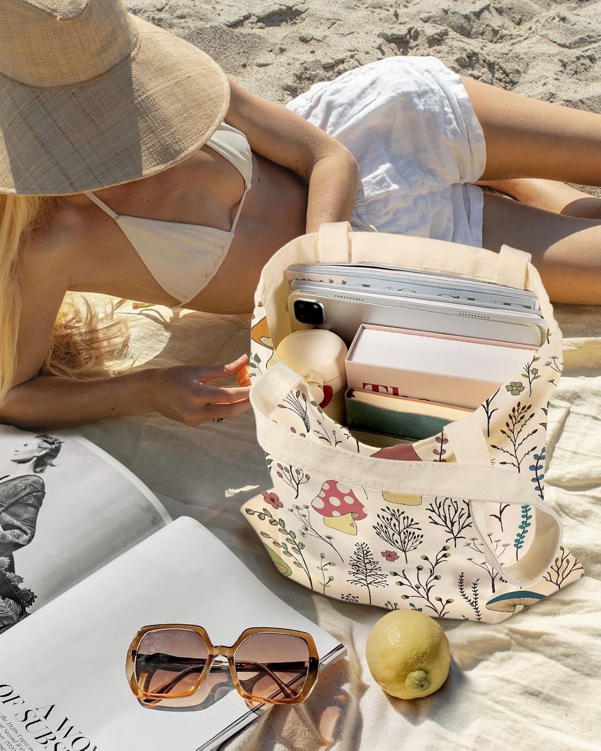 image:imageMiss Adola Aesthetic Canvas Tote Bag for Women Sturdy Cloth Cotton Totes Bag with Pattern Shoulder BagMushroom Flower