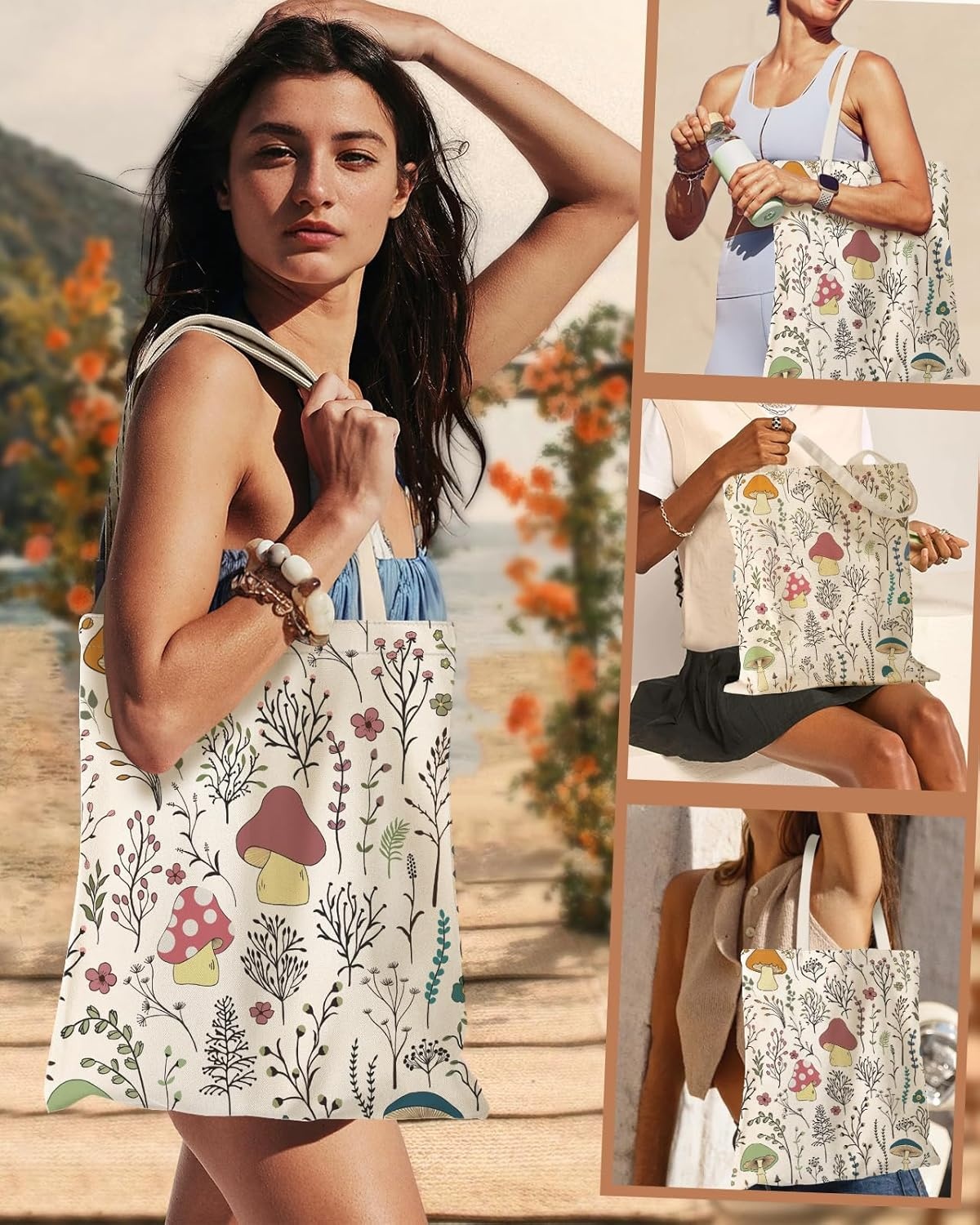 image:imageMiss Adola Aesthetic Canvas Tote Bag for Women Sturdy Cloth Cotton Totes Bag with Pattern Shoulder BagMushroom Flower