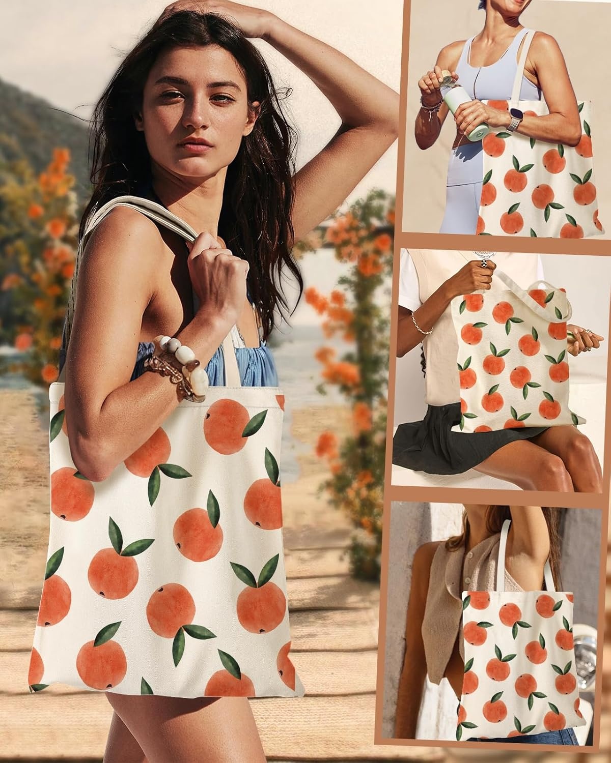 image:imageMiss Adola Aesthetic Canvas Tote Bag for Women Sturdy Cloth Cotton Totes Bag with Pattern Shoulder BagPeach