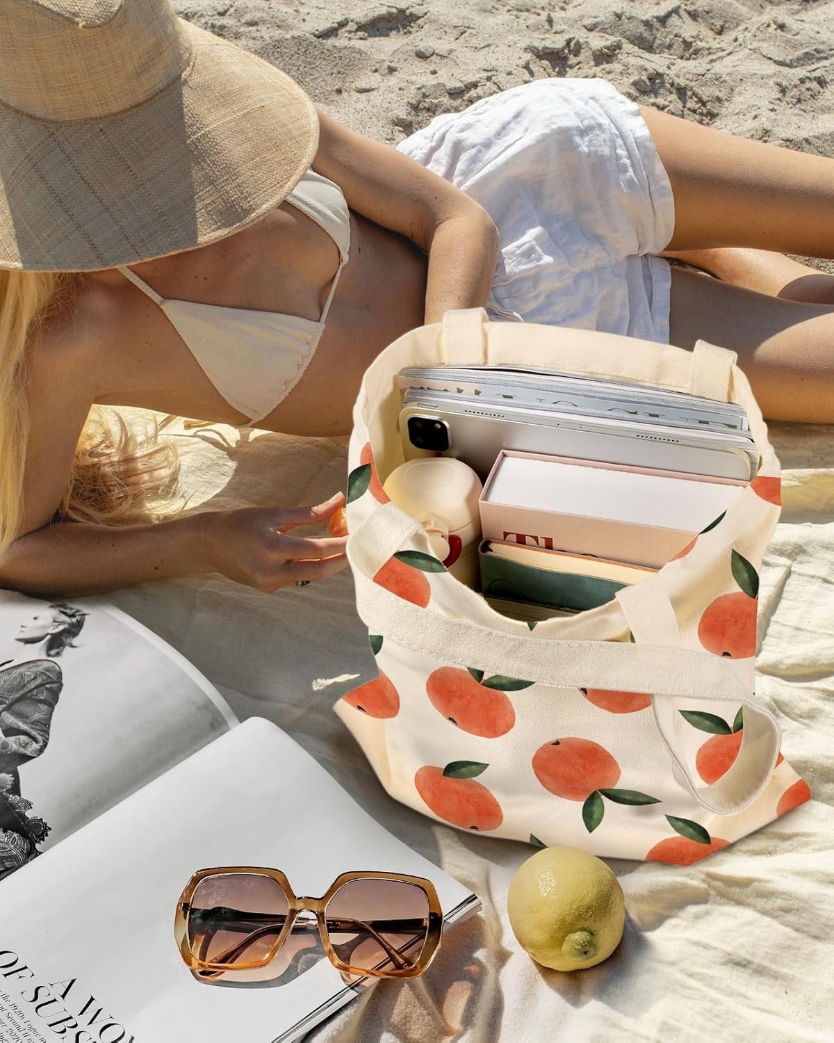 image:imageMiss Adola Aesthetic Canvas Tote Bag for Women Sturdy Cloth Cotton Totes Bag with Pattern Shoulder BagPeach