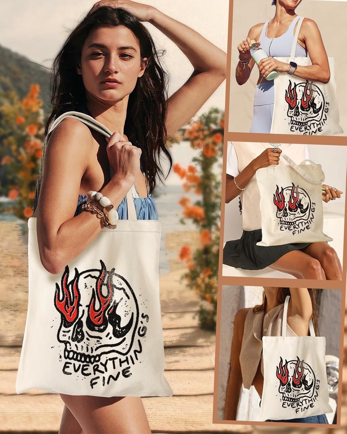 image:imageMiss Adola Aesthetic Canvas Tote Bag for Women Sturdy Cloth Cotton Totes Bag with Pattern Shoulder BagSkeleton