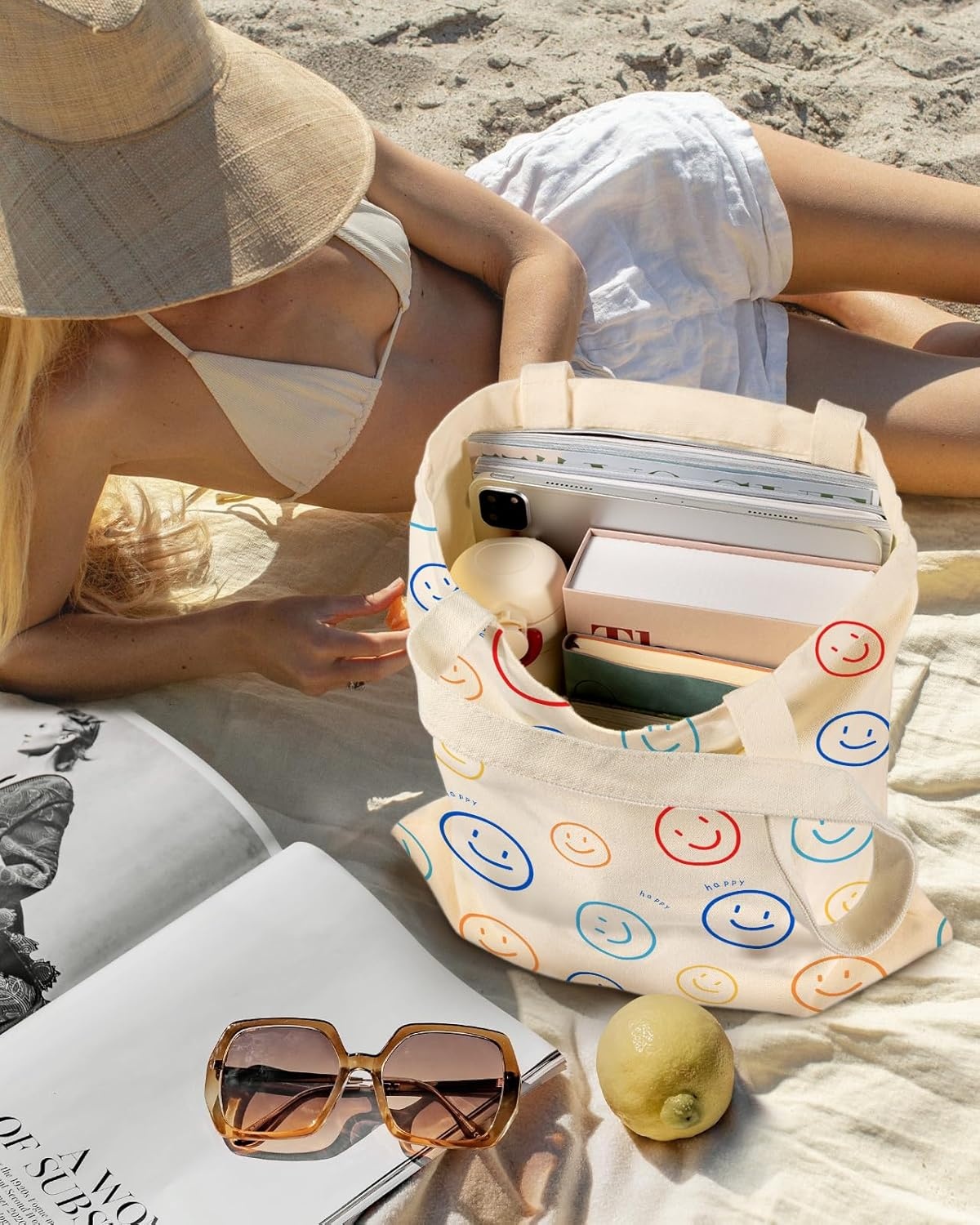 image:imageMiss Adola Aesthetic Canvas Tote Bag for Women Sturdy Cloth Cotton Totes Bag with Pattern Shoulder BagSmiling Face