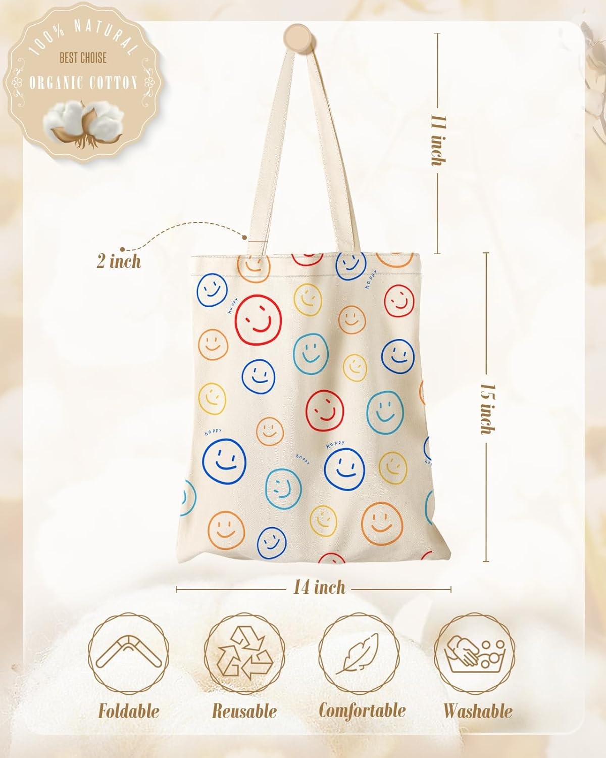 image:imageMiss Adola Aesthetic Canvas Tote Bag for Women Sturdy Cloth Cotton Totes Bag with Pattern Shoulder BagSmiling Face