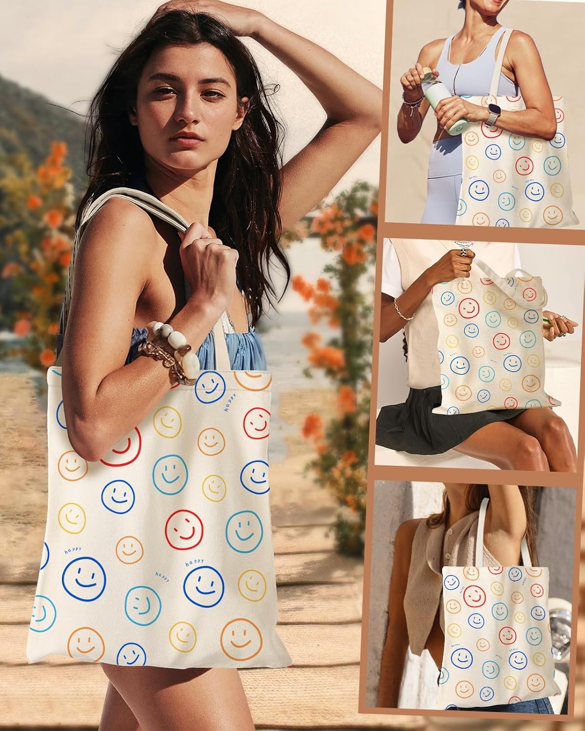 image:imageMiss Adola Aesthetic Canvas Tote Bag for Women Sturdy Cloth Cotton Totes Bag with Pattern Shoulder BagSmiling Face