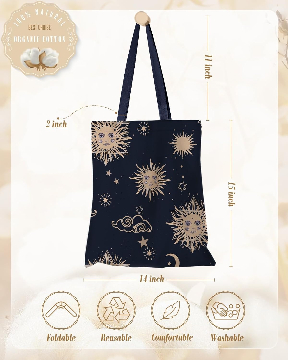 image:imageMiss Adola Aesthetic Canvas Tote Bag for Women Sturdy Cloth Cotton Totes Bag with Pattern Shoulder BagSun Moon Sign