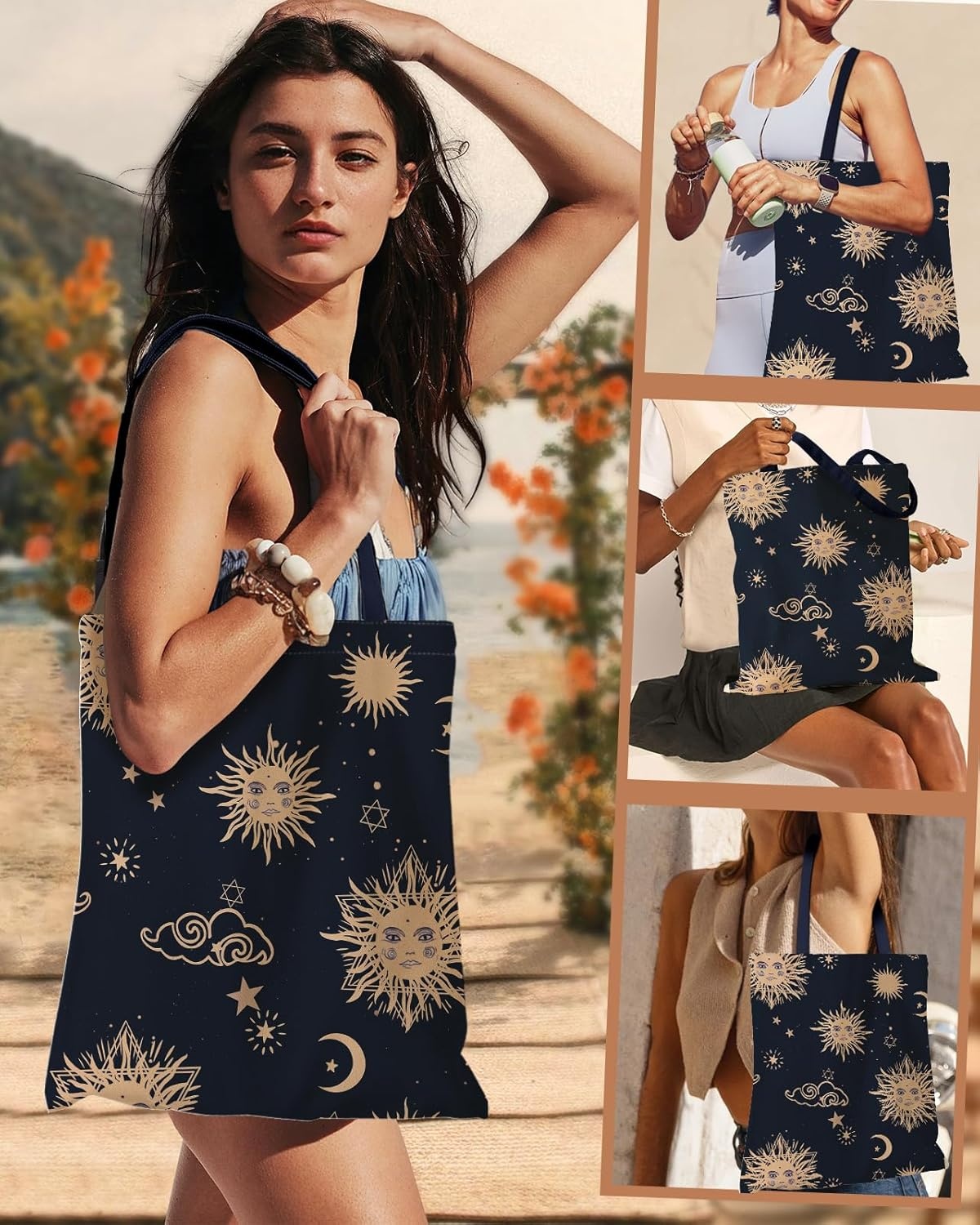 image:imageMiss Adola Aesthetic Canvas Tote Bag for Women Sturdy Cloth Cotton Totes Bag with Pattern Shoulder BagSun Moon Sign
