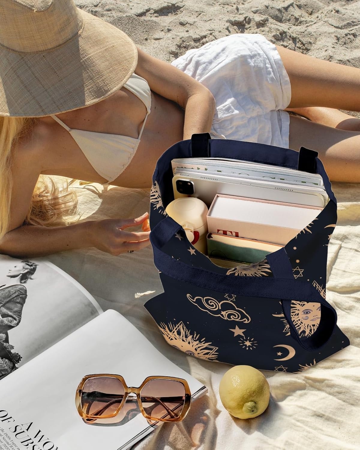 image:imageMiss Adola Aesthetic Canvas Tote Bag for Women Sturdy Cloth Cotton Totes Bag with Pattern Shoulder BagSun Moon Sign