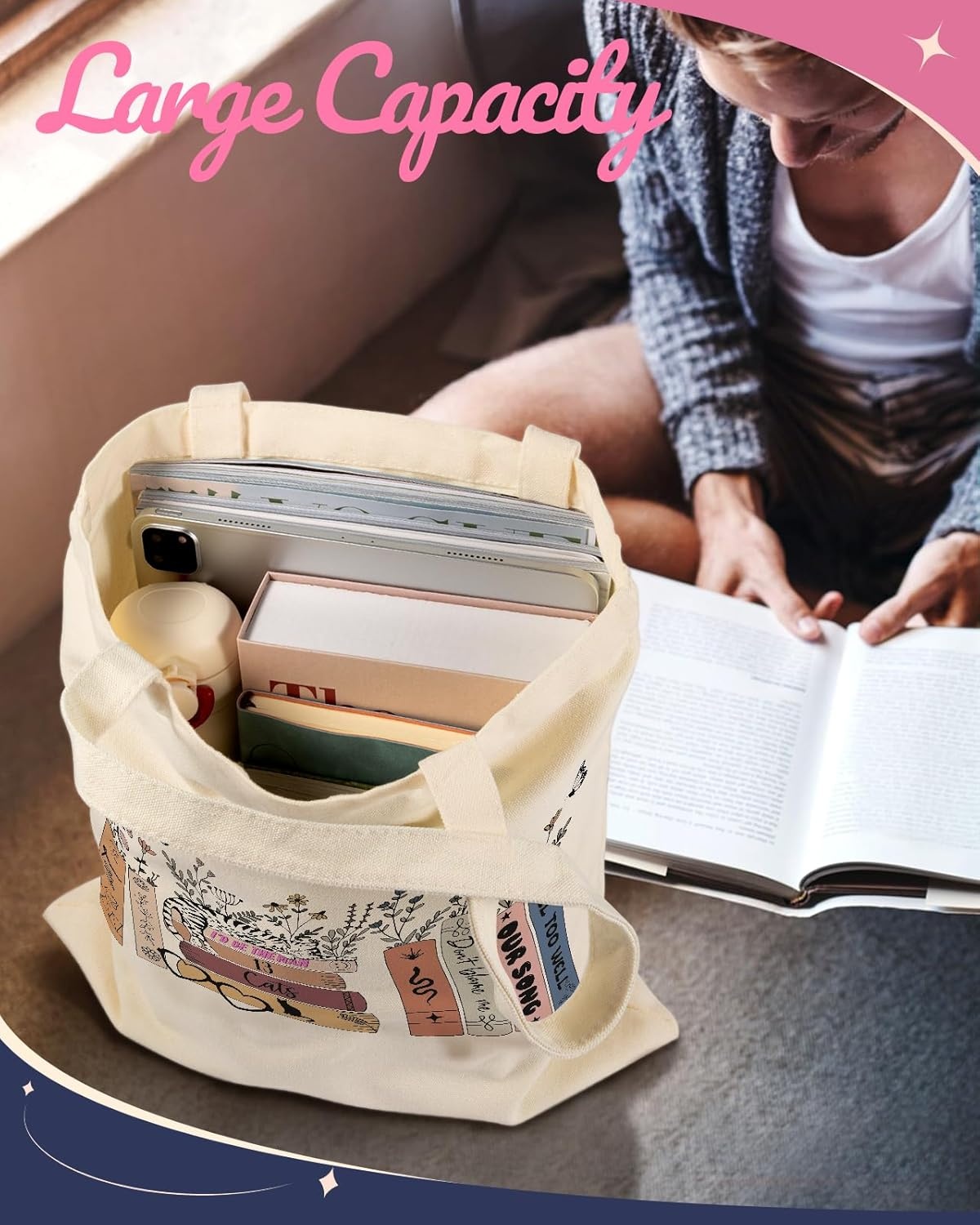 image:imageMiss Adola Aesthetic Canvas Tote Bag for Women Pattern Trendy Casual Music Inspired Cloth Totes Bag for ShoppingCat on Floral Books
