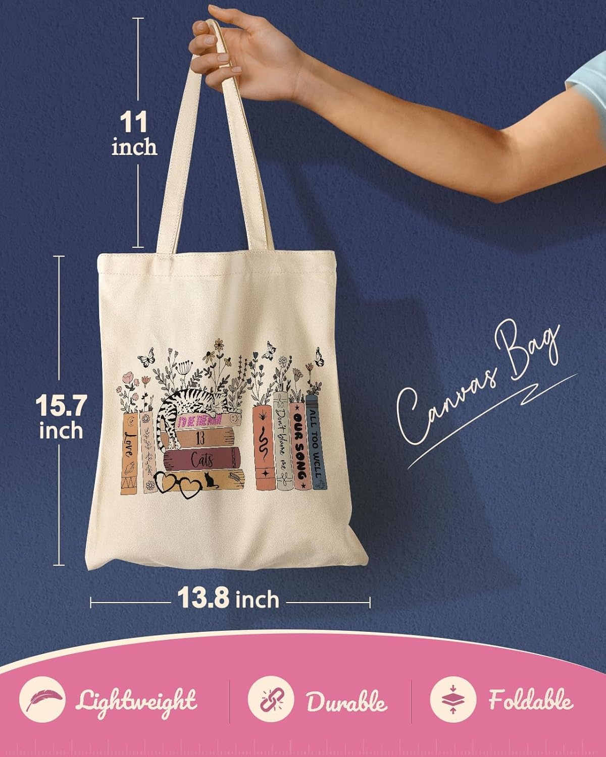 image:imageMiss Adola Aesthetic Canvas Tote Bag for Women Pattern Trendy Casual Music Inspired Cloth Totes Bag for ShoppingCat on Floral Books