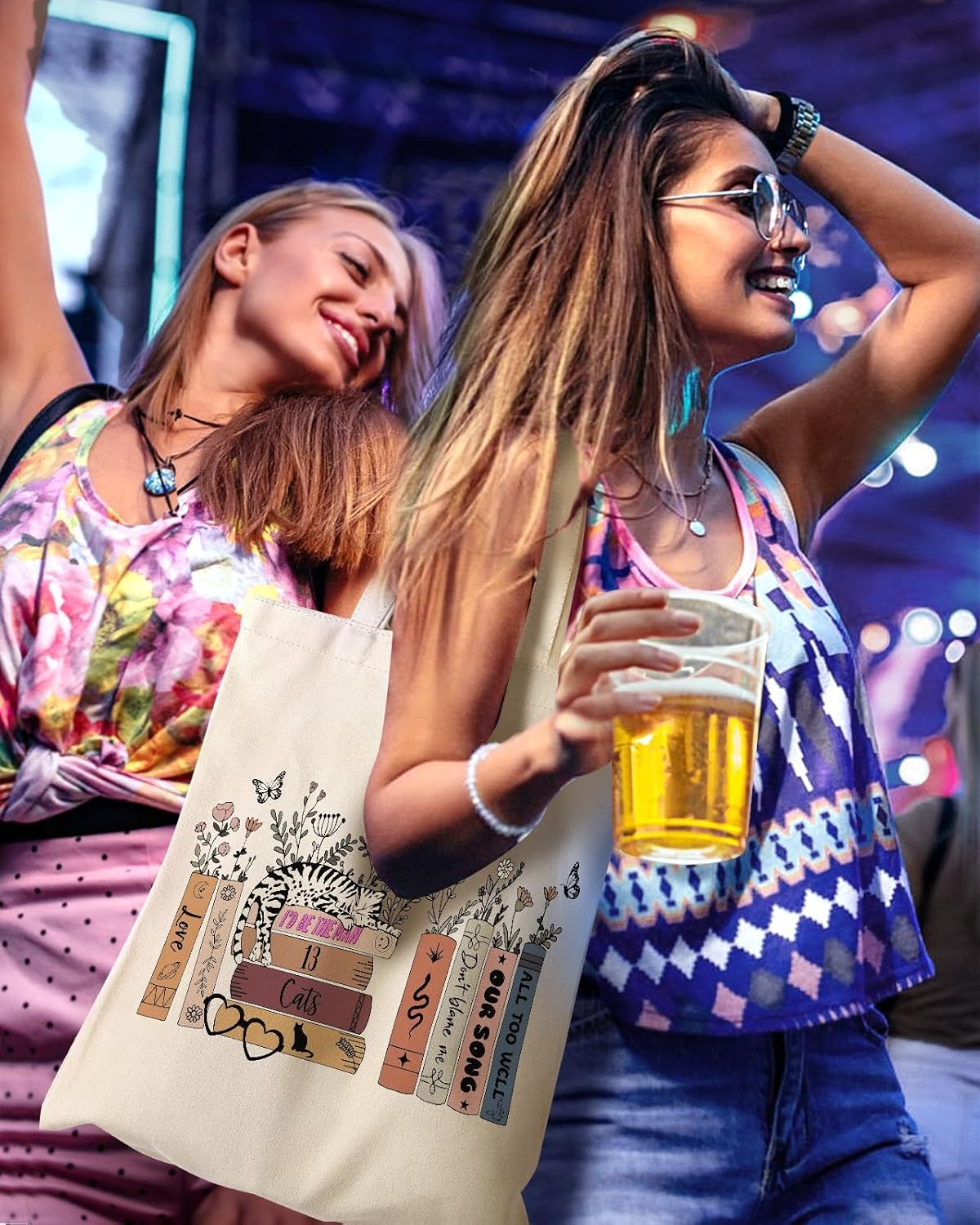 image:imageMiss Adola Aesthetic Canvas Tote Bag for Women Pattern Trendy Casual Music Inspired Cloth Totes Bag for ShoppingCat on Floral Books