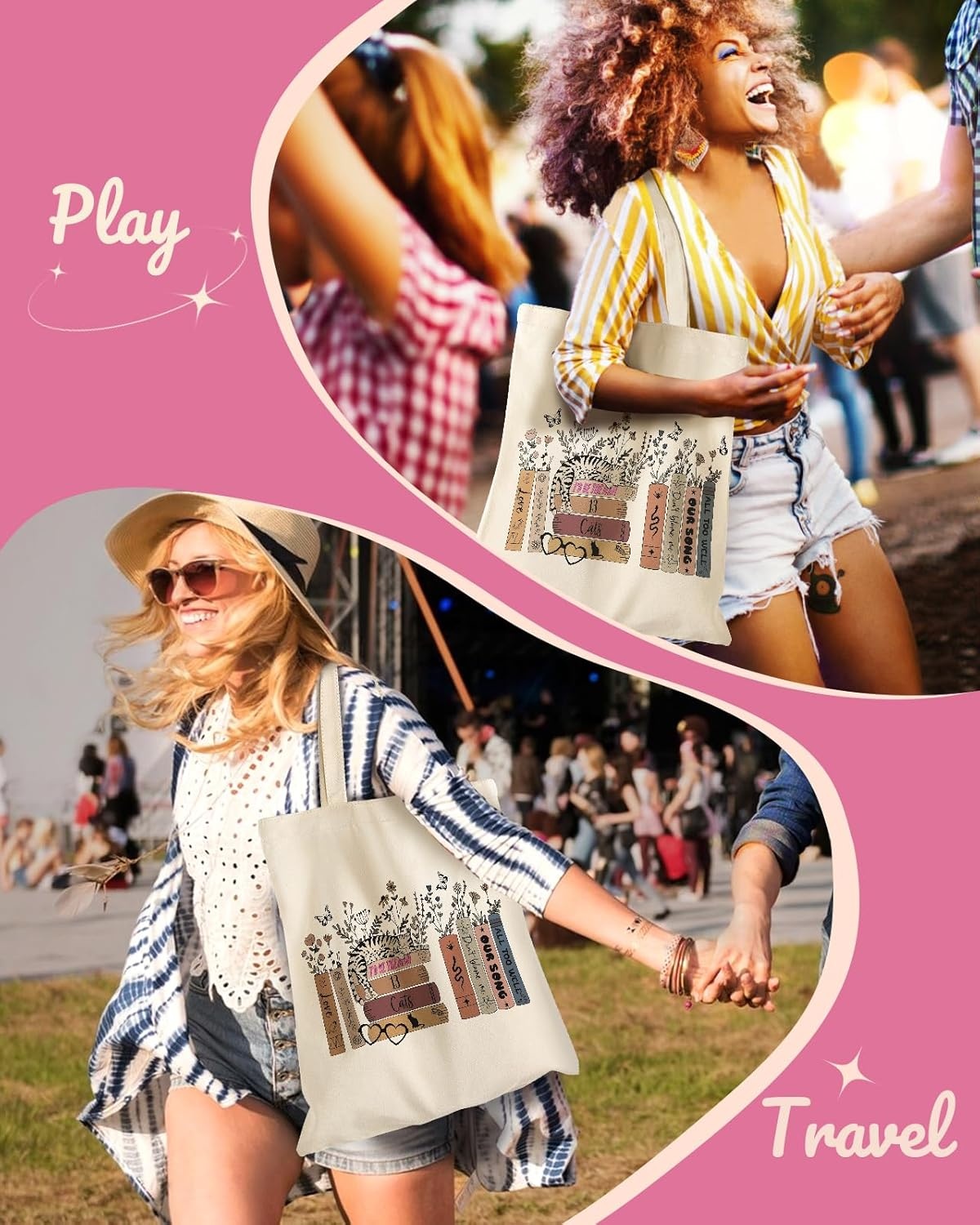 image:imageMiss Adola Aesthetic Canvas Tote Bag for Women Pattern Trendy Casual Music Inspired Cloth Totes Bag for ShoppingCat on Floral Books