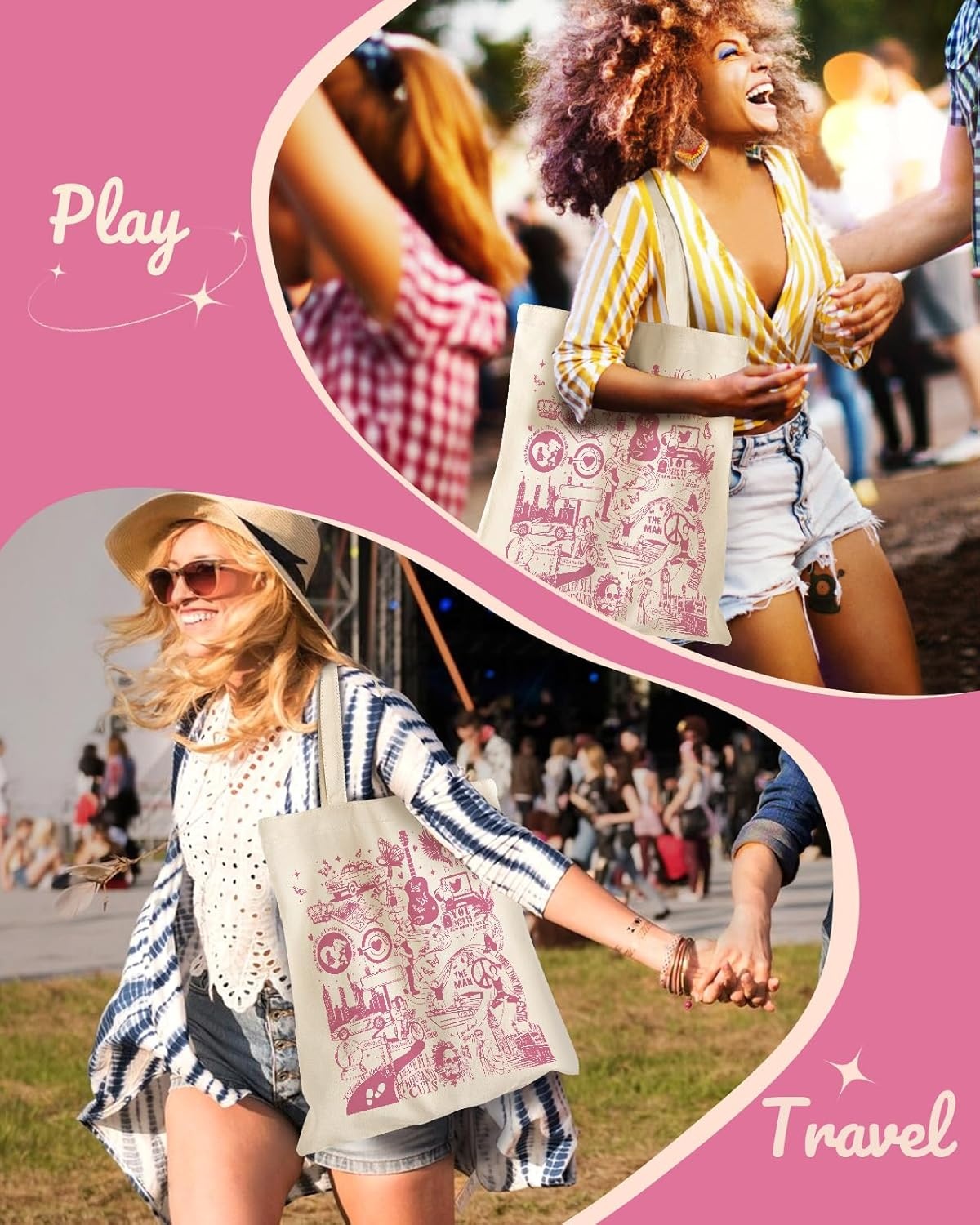 image:imageMiss Adola Aesthetic Canvas Tote Bag for Women Pattern Trendy Casual Music Inspired Cloth Totes Bag for ShoppingHappy Lovers