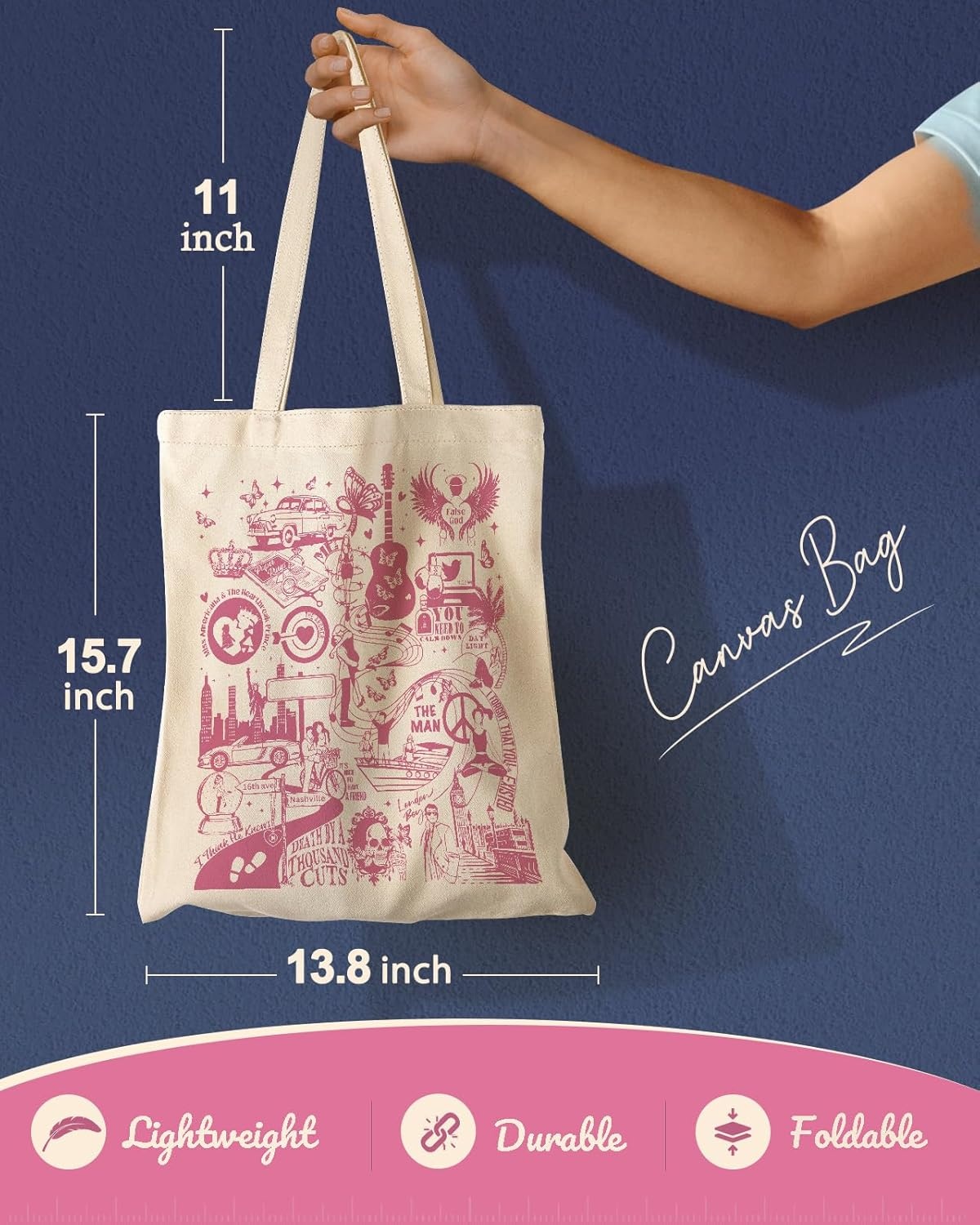 image:imageMiss Adola Aesthetic Canvas Tote Bag for Women Pattern Trendy Casual Music Inspired Cloth Totes Bag for ShoppingHappy Lovers