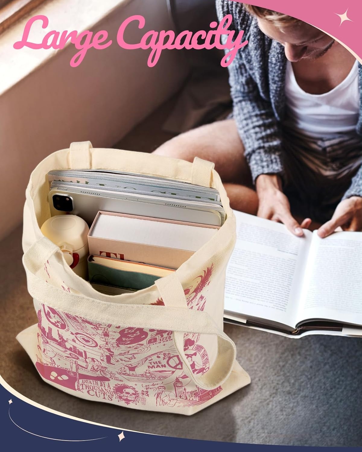 image:imageMiss Adola Aesthetic Canvas Tote Bag for Women Pattern Trendy Casual Music Inspired Cloth Totes Bag for ShoppingHappy Lovers