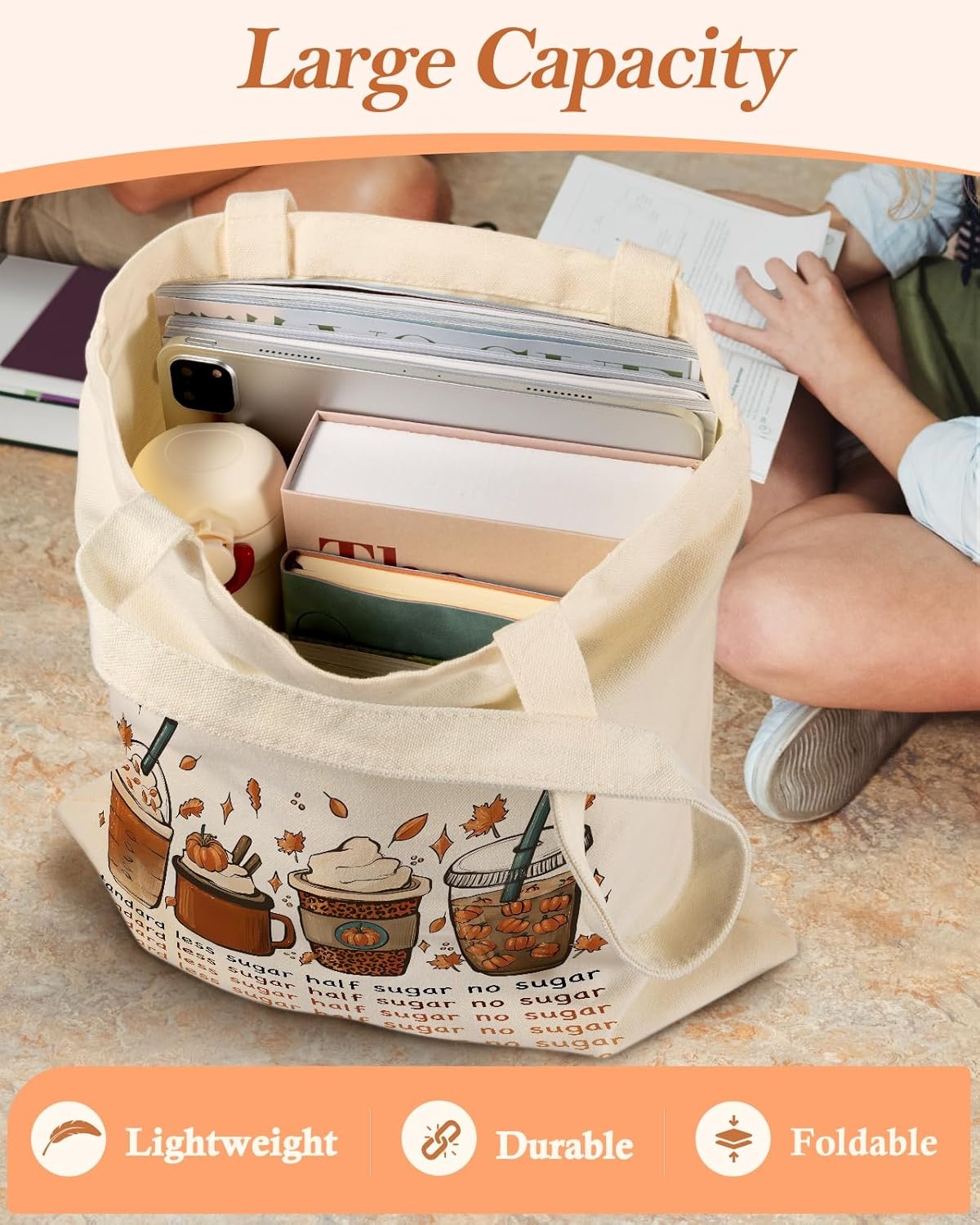 image:imageMiss Adola Aesthetic Canvas Tote Bag with Inner Pocket for Women Unique Funny Pattern Design Casual Sturdy Cloth Cotton Totes Bag with Pattern for Vacation Shopping Work Gym Latte Coffee