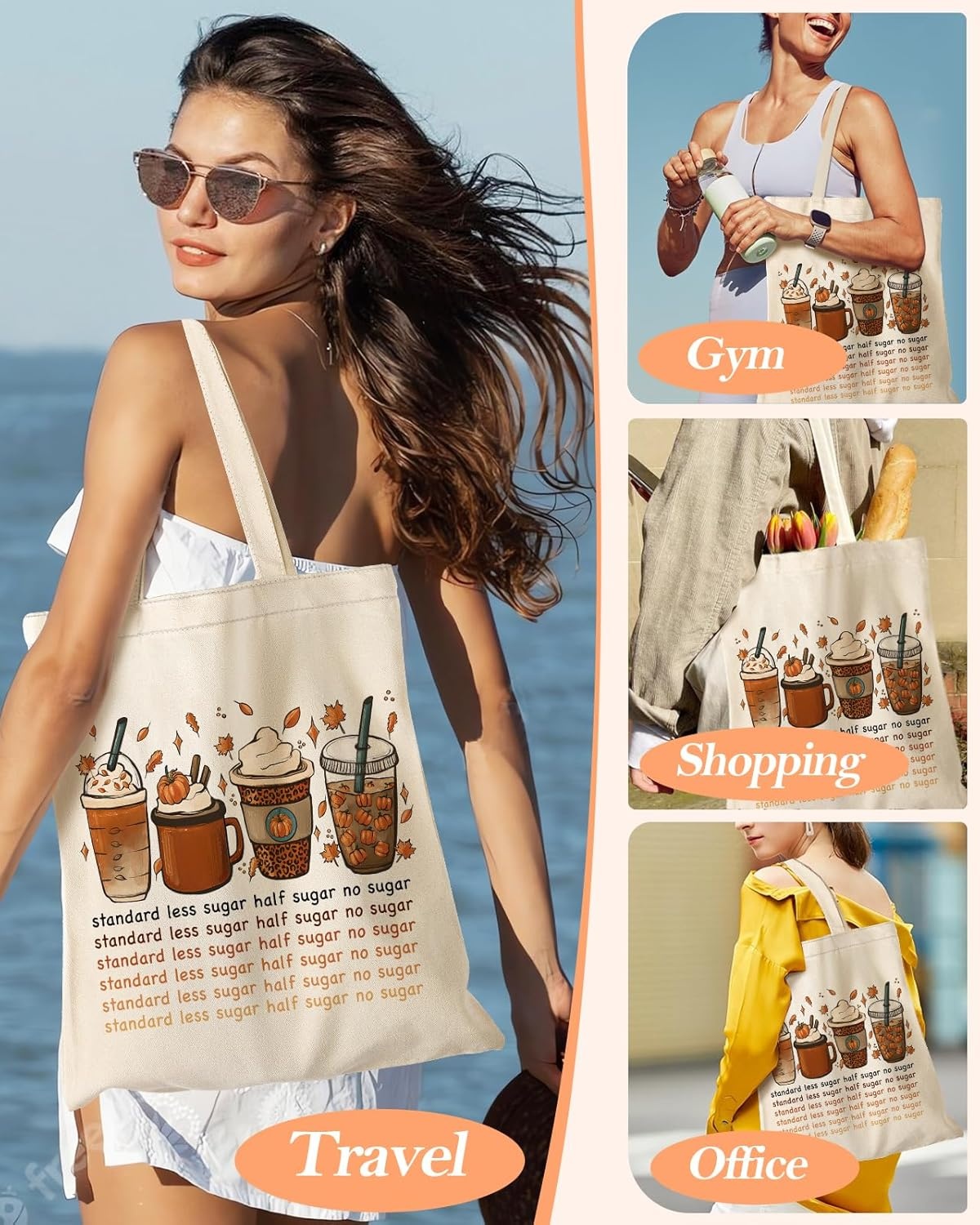 image:imageMiss Adola Aesthetic Canvas Tote Bag with Inner Pocket for Women Unique Funny Pattern Design Casual Sturdy Cloth Cotton Totes Bag with Pattern for Vacation Shopping Work Gym Latte Coffee