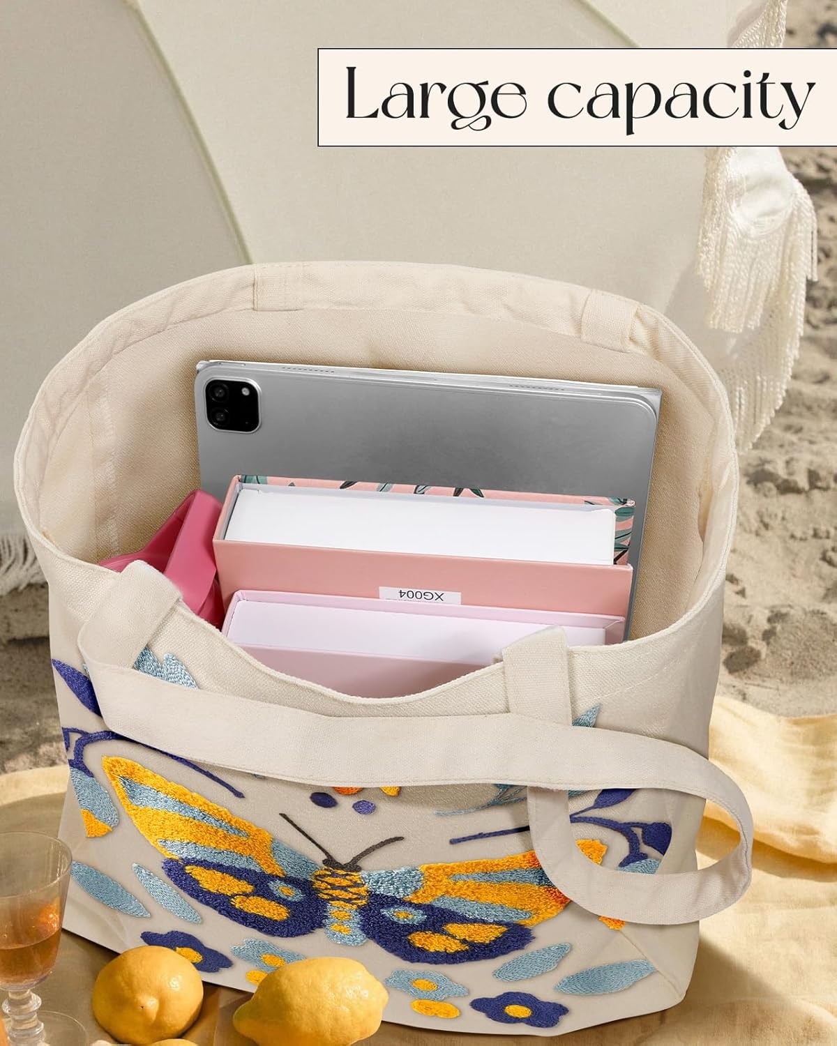 image:imageMiss Adola Aesthetic Embroidery Tote Bag for Women Reusable Canvas Cute Shoulder Bag for Shopping Grocery Work BookBlue Butterfly