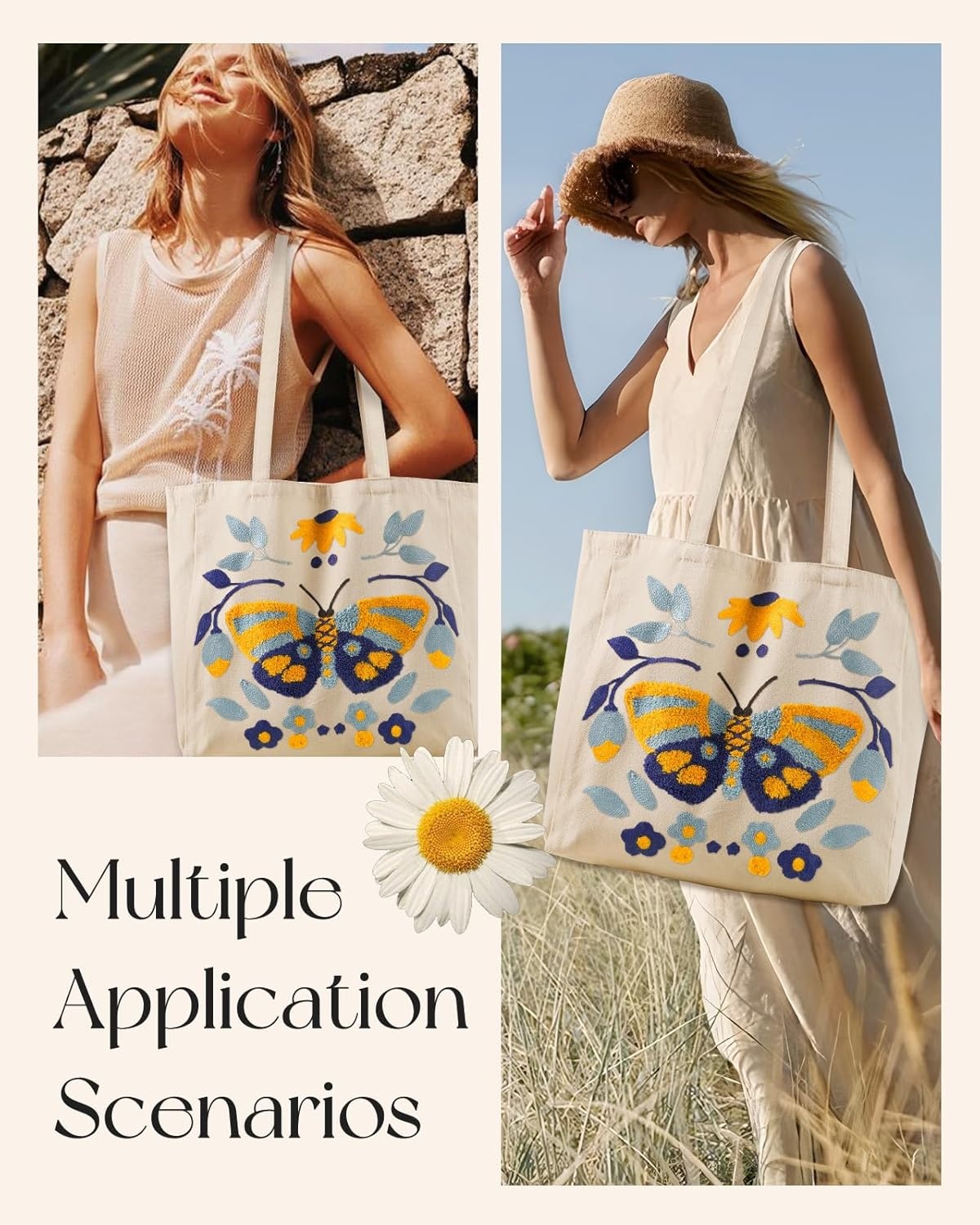 image:imageMiss Adola Aesthetic Embroidery Tote Bag for Women Reusable Canvas Cute Shoulder Bag for Shopping Grocery Work BookBlue Butterfly