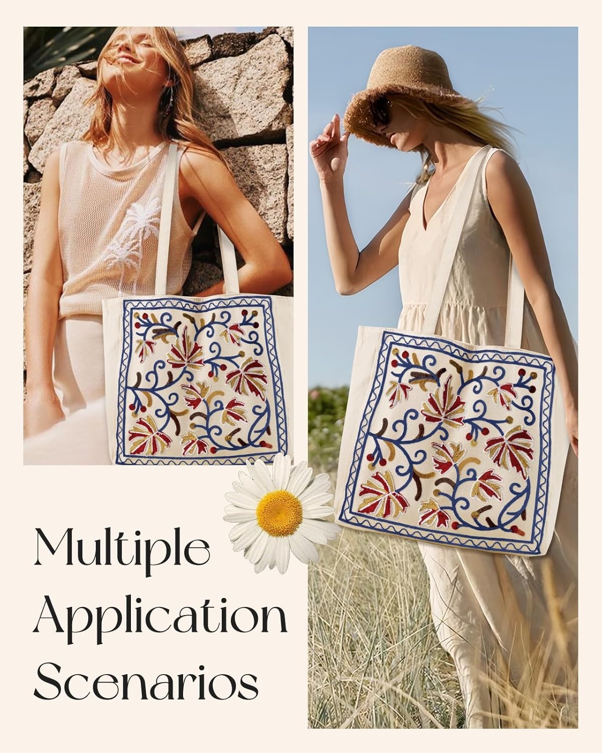 image:imageMiss Adola Aesthetic Embroidery Tote Bag for Women Reusable Canvas Cute Shoulder Bag for Shopping Grocery Work BookBrown Leaf
