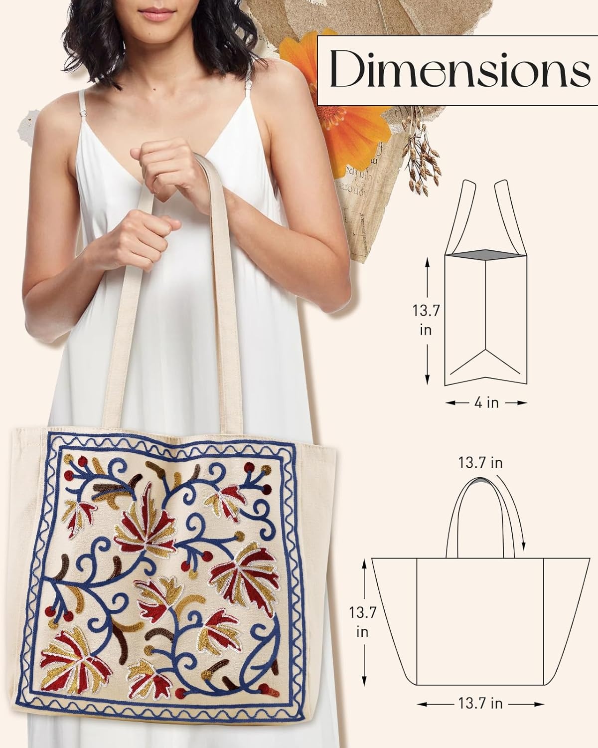 image:imageMiss Adola Aesthetic Embroidery Tote Bag for Women Reusable Canvas Cute Shoulder Bag for Shopping Grocery Work BookBrown Leaf
