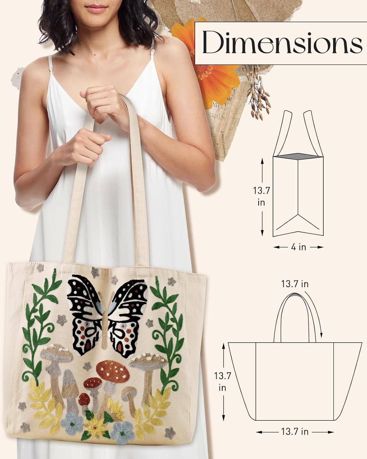 image:imageMiss Adola Aesthetic Embroidery Tote Bag for Women Reusable Canvas Cute Shoulder Bag for Shopping Grocery Work BookButterfly Mushroom