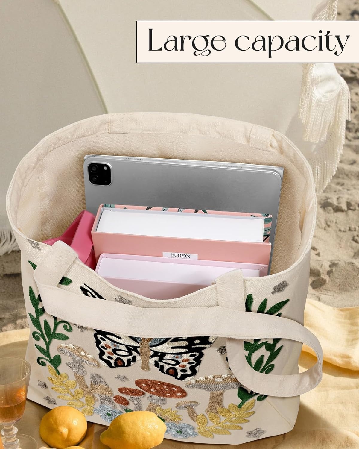 image:imageMiss Adola Aesthetic Embroidery Tote Bag for Women Reusable Canvas Cute Shoulder Bag for Shopping Grocery Work BookButterfly Mushroom