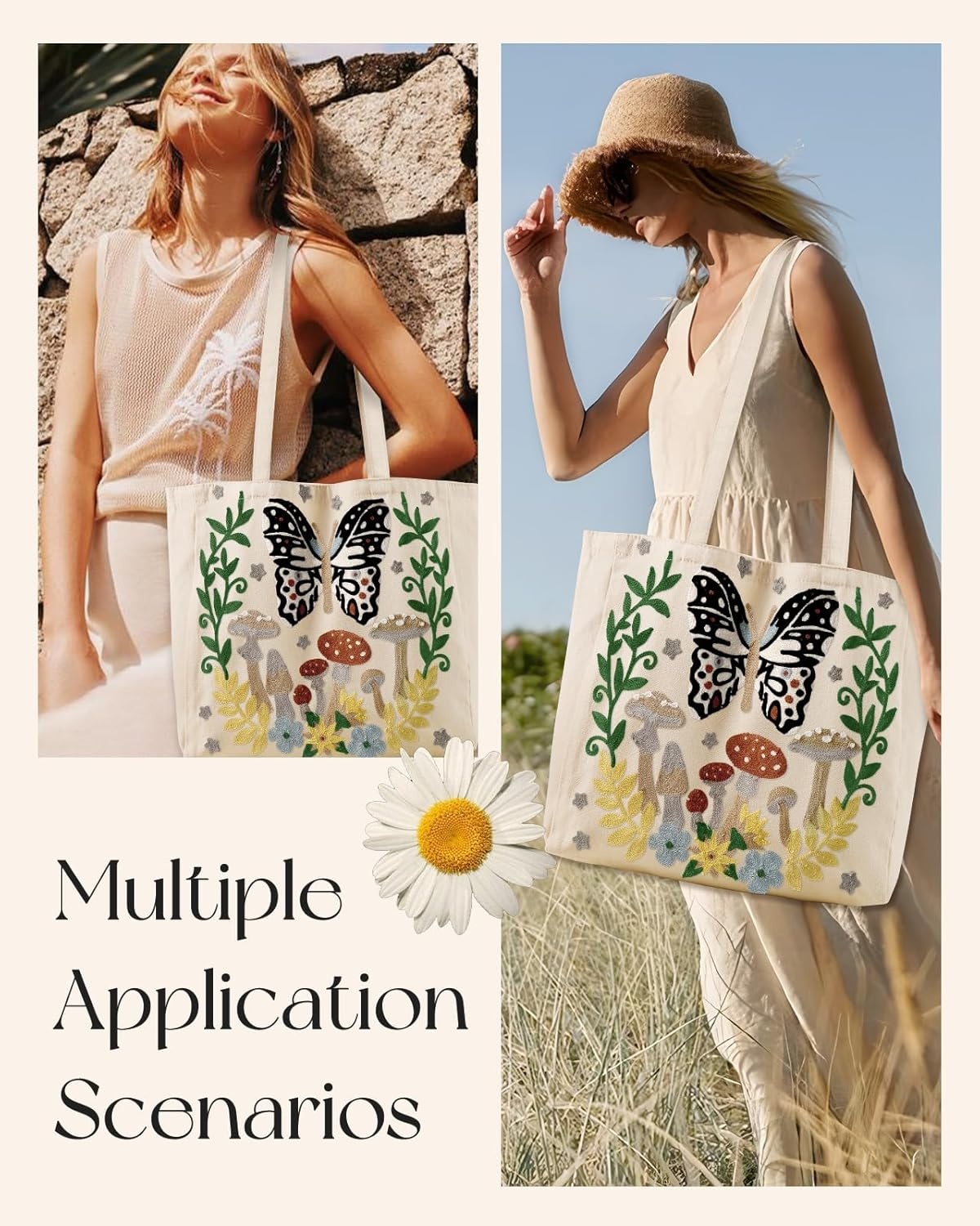 image:imageMiss Adola Aesthetic Embroidery Tote Bag for Women Reusable Canvas Cute Shoulder Bag for Shopping Grocery Work BookButterfly Mushroom