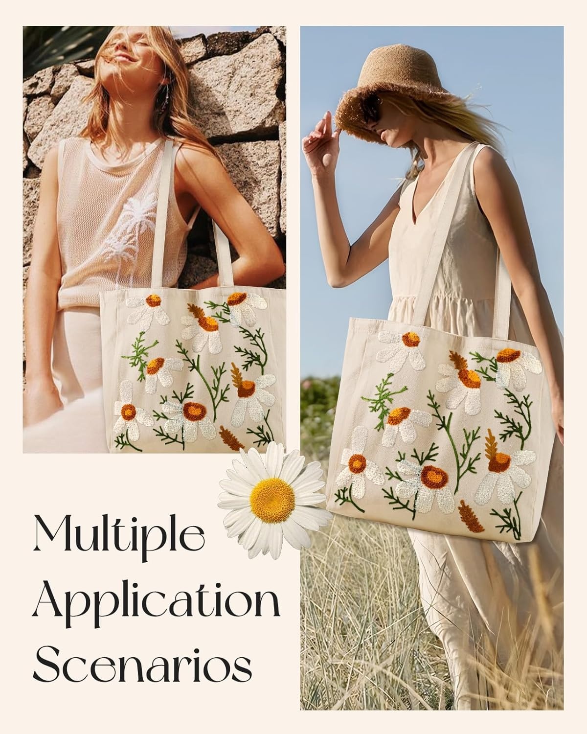 image:imageMiss Adola Aesthetic Embroidery Tote Bag for Women Reusable Canvas Cute Shoulder Bag for Shopping Grocery Work BookDaisy