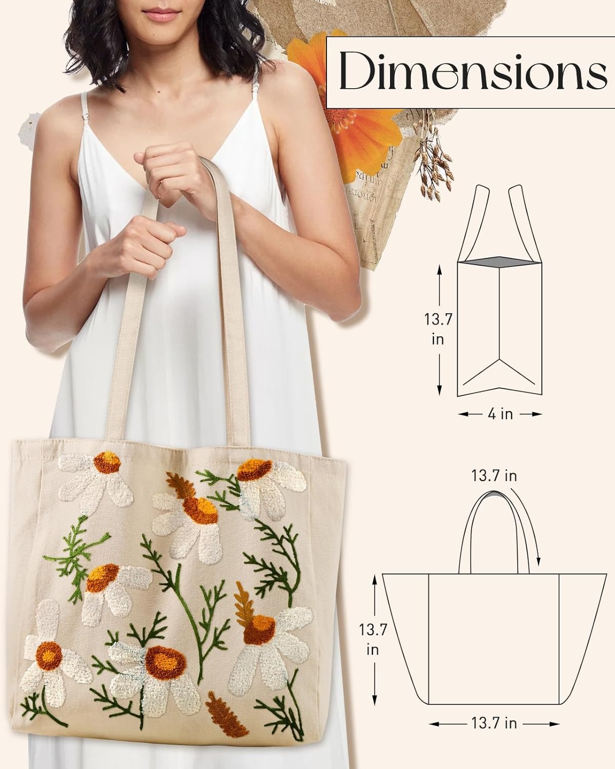 image:imageMiss Adola Aesthetic Embroidery Tote Bag for Women Reusable Canvas Cute Shoulder Bag for Shopping Grocery Work BookDaisy