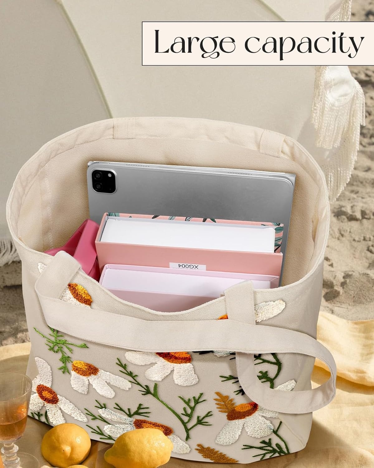 image:imageMiss Adola Aesthetic Embroidery Tote Bag for Women Reusable Canvas Cute Shoulder Bag for Shopping Grocery Work BookDaisy