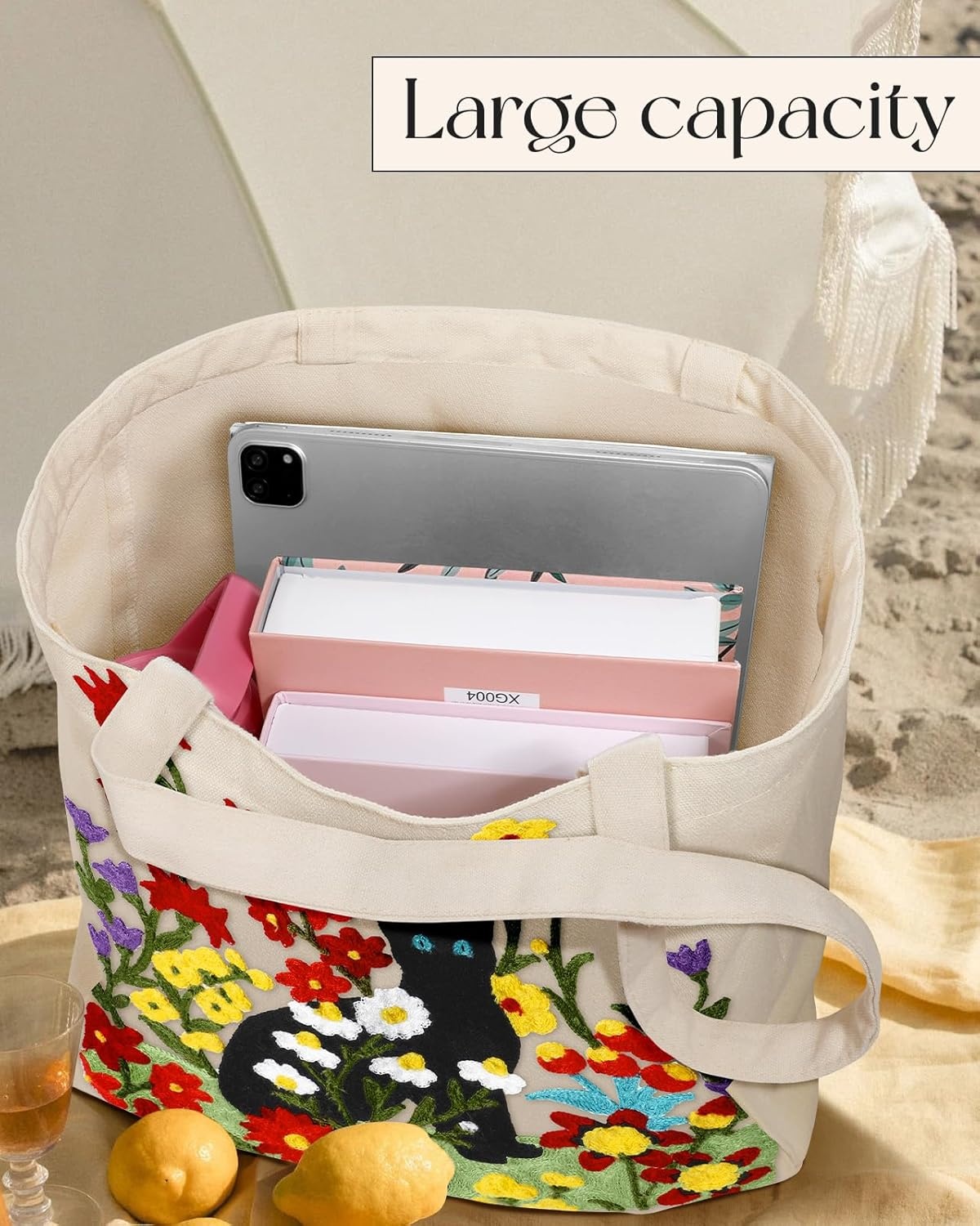 image:imageMiss Adola Aesthetic Embroidery Tote Bag for Women Reusable Canvas Cute Shoulder Bag for Shopping Grocery Work BookFlower Cats