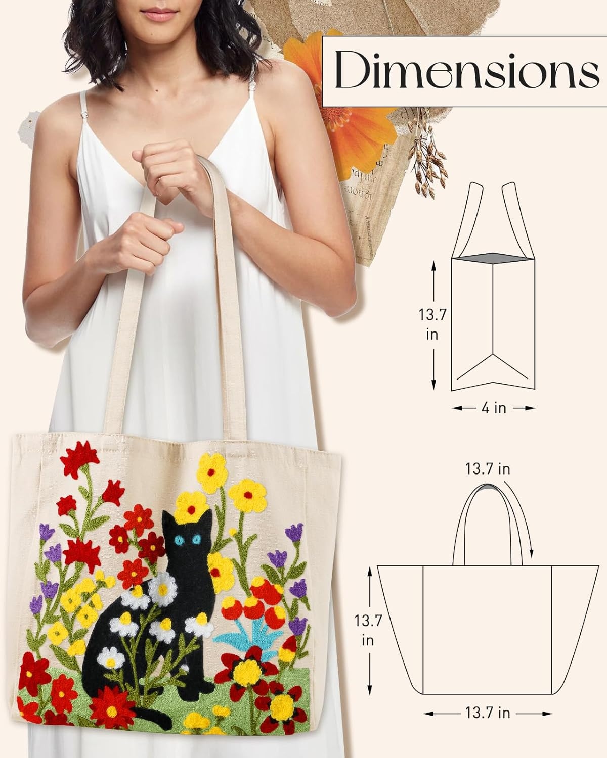 image:imageMiss Adola Aesthetic Embroidery Tote Bag for Women Reusable Canvas Cute Shoulder Bag for Shopping Grocery Work BookFlower Cats