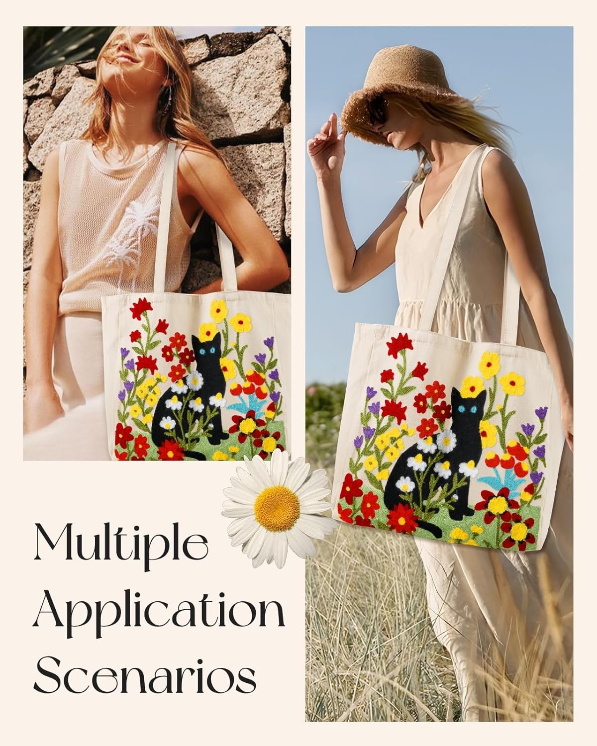 image:imageMiss Adola Aesthetic Embroidery Tote Bag for Women Reusable Canvas Cute Shoulder Bag for Shopping Grocery Work BookFlower Cats