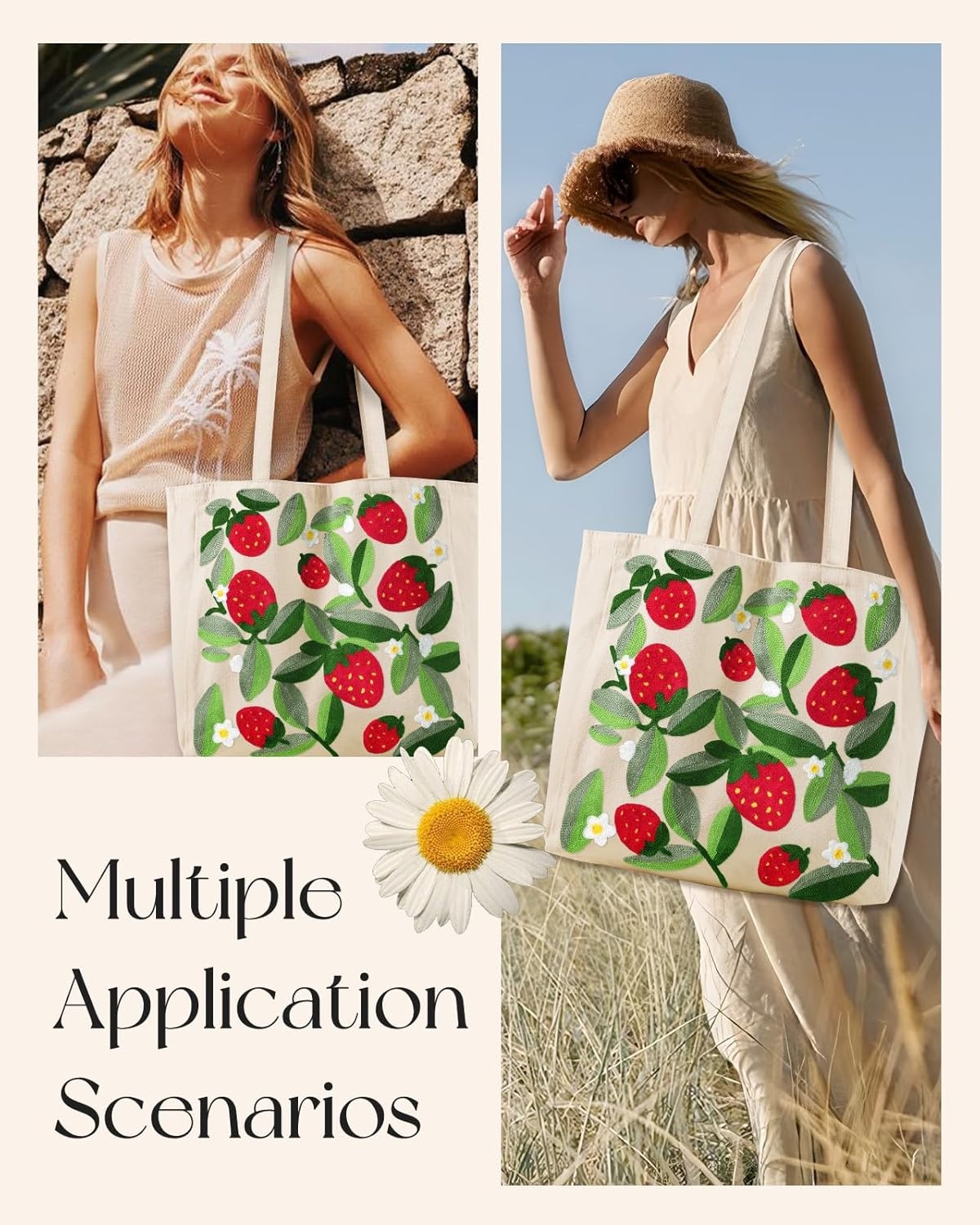 image:imageMiss Adola Aesthetic Embroidery Tote Bag for Women Reusable Canvas Cute Shoulder Bag for Shopping Grocery Work BookLeaf Strawberry