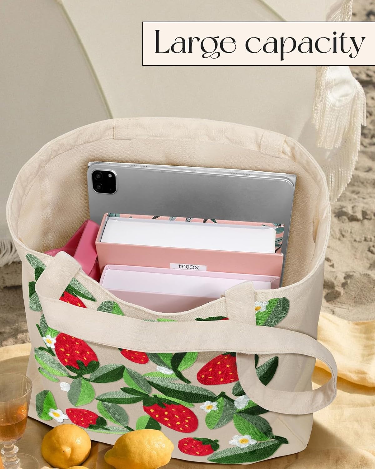 image:imageMiss Adola Aesthetic Embroidery Tote Bag for Women Reusable Canvas Cute Shoulder Bag for Shopping Grocery Work BookLeaf Strawberry