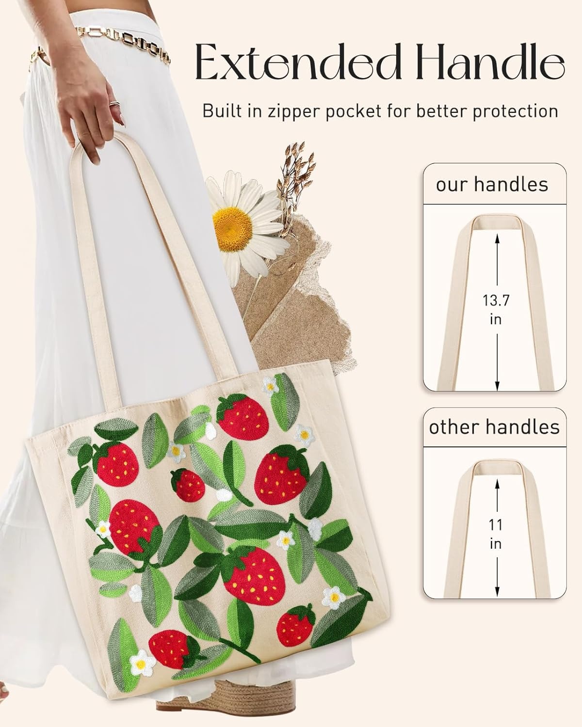 image:imageMiss Adola Aesthetic Embroidery Tote Bag for Women Reusable Canvas Cute Shoulder Bag for Shopping Grocery Work BookLeaf Strawberry