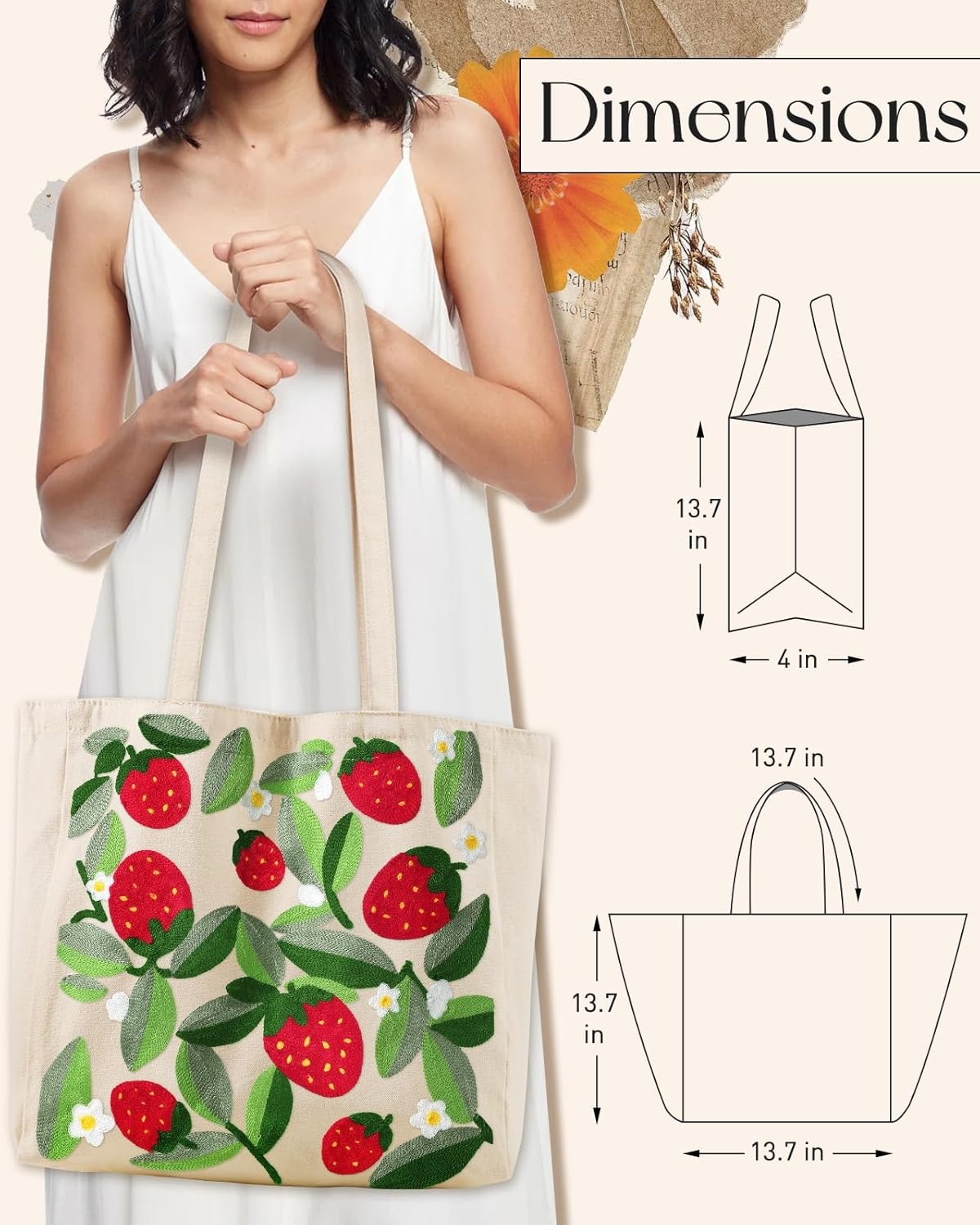 image:imageMiss Adola Aesthetic Embroidery Tote Bag for Women Reusable Canvas Cute Shoulder Bag for Shopping Grocery Work BookLeaf Strawberry