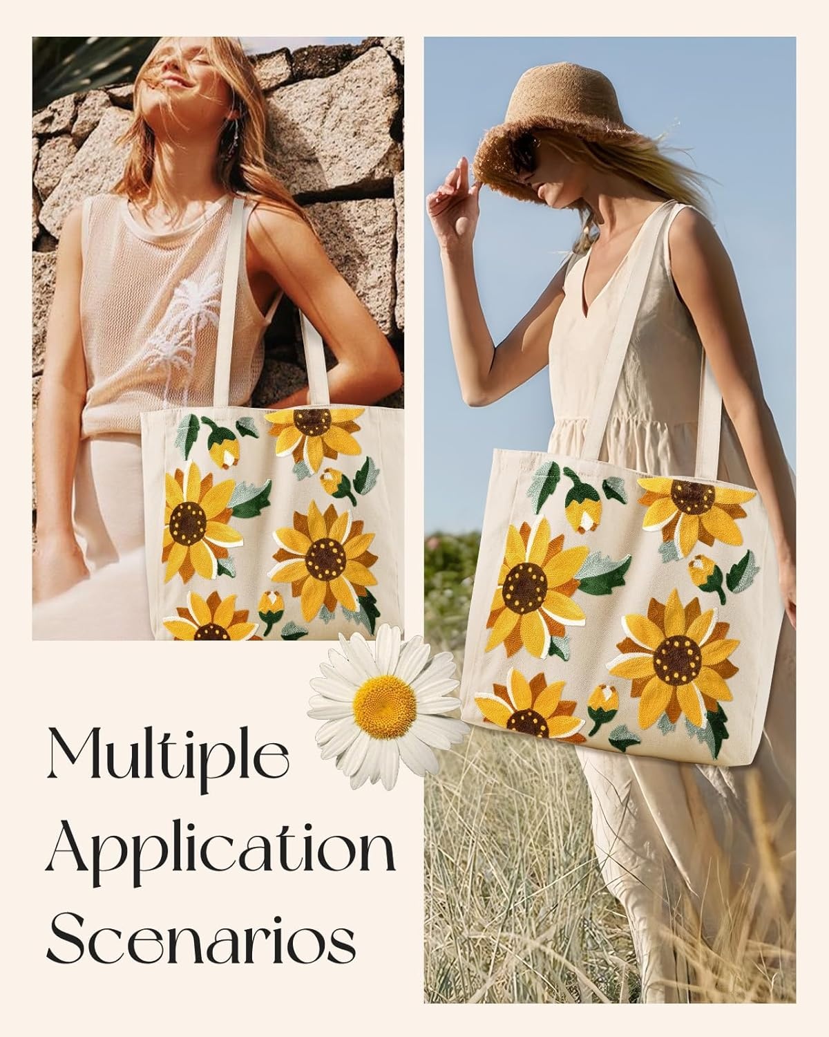 image:imageMiss Adola Aesthetic Embroidery Tote Bag for Women Reusable Canvas Cute Shoulder Bag for Shopping Grocery Work BookSunflower