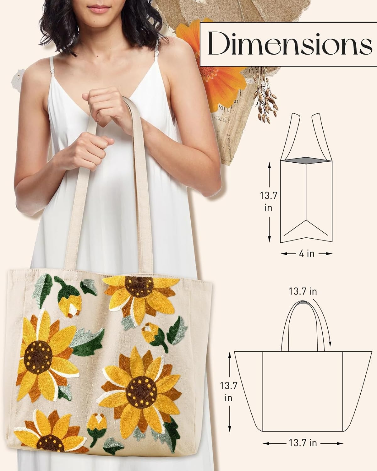 image:imageMiss Adola Aesthetic Embroidery Tote Bag for Women Reusable Canvas Cute Shoulder Bag for Shopping Grocery Work BookSunflower