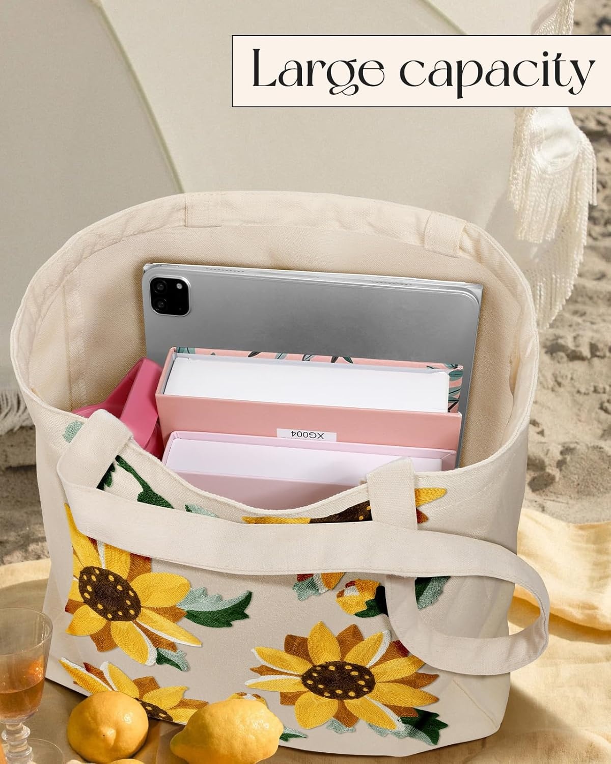 image:imageMiss Adola Aesthetic Embroidery Tote Bag for Women Reusable Canvas Cute Shoulder Bag for Shopping Grocery Work BookSunflower