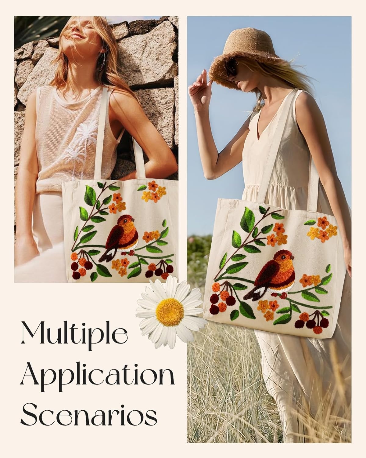 image:imageMiss Adola Aesthetic Embroidery Tote Bag for Women Reusable Canvas Cute Shoulder Bag for Shopping Grocery Work BookTree Bird