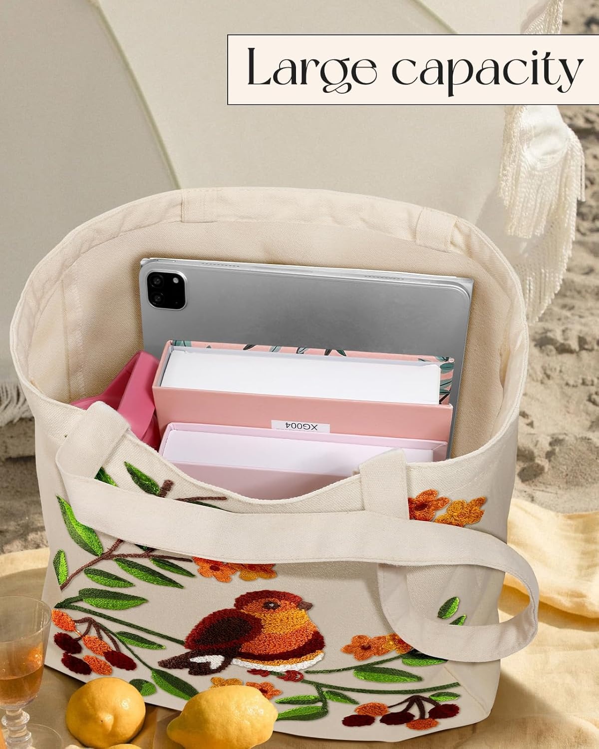 image:imageMiss Adola Aesthetic Embroidery Tote Bag for Women Reusable Canvas Cute Shoulder Bag for Shopping Grocery Work BookTree Bird