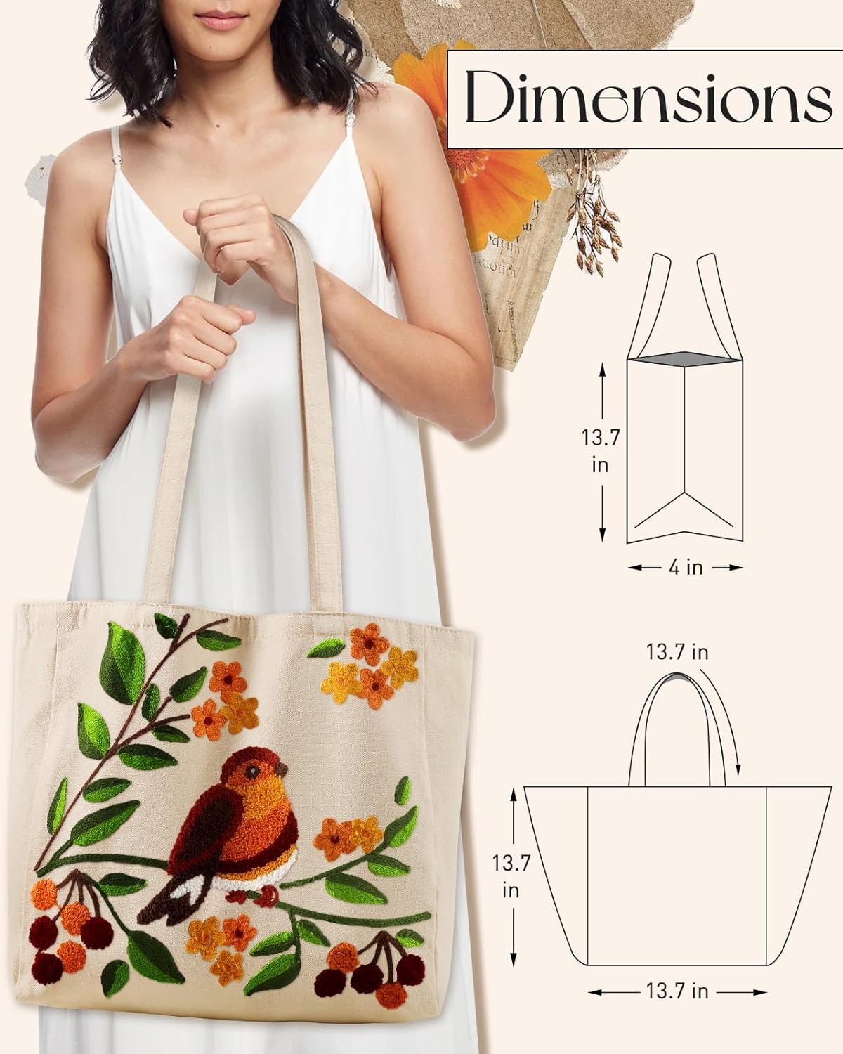 image:imageMiss Adola Aesthetic Embroidery Tote Bag for Women Reusable Canvas Cute Shoulder Bag for Shopping Grocery Work BookTree Bird