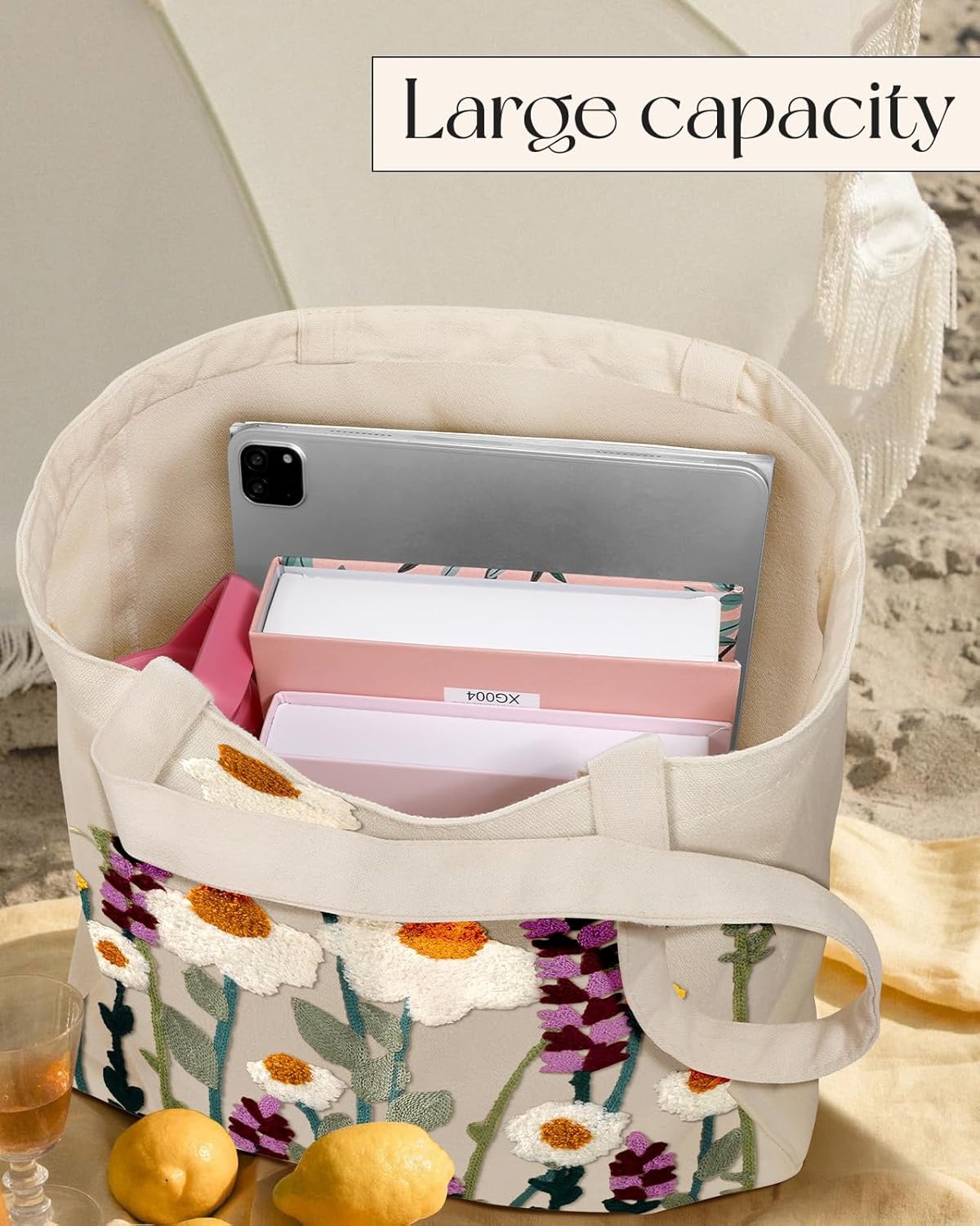 image:imageMiss Adola Aesthetic Embroidery Tote Bag for Women Reusable Canvas Cute Shoulder Bag for Shopping Grocery Work BookWild Flowers