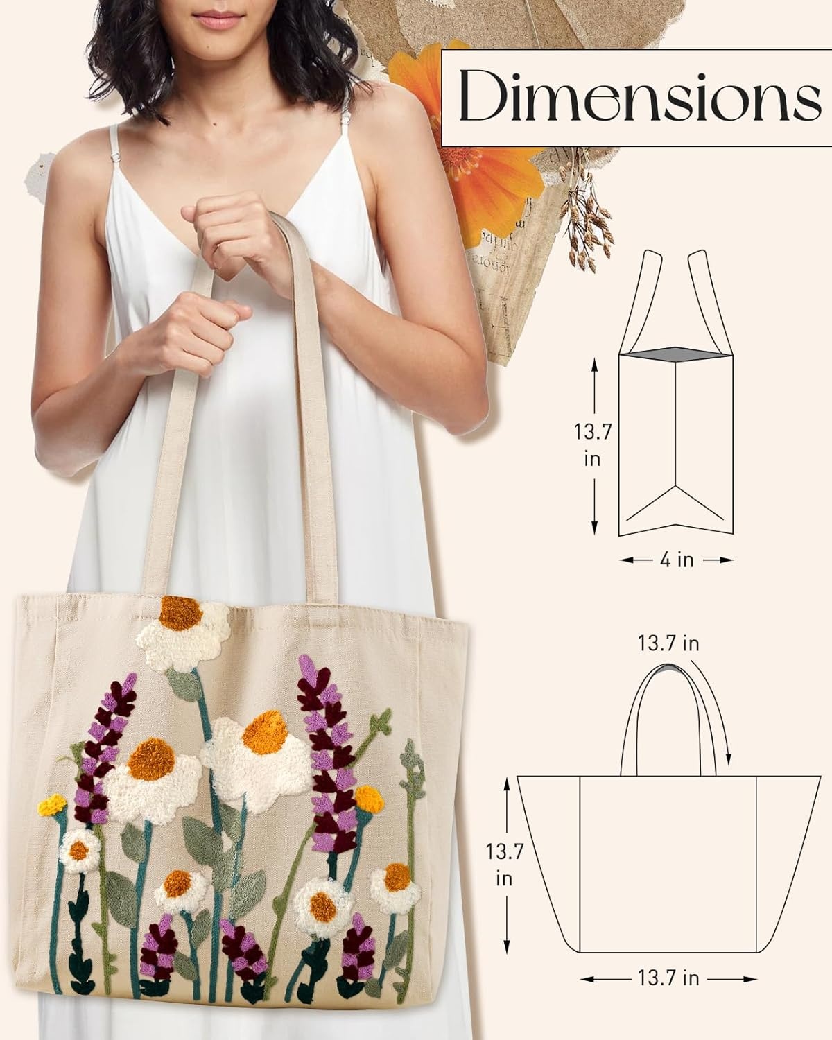 image:imageMiss Adola Aesthetic Embroidery Tote Bag for Women Reusable Canvas Cute Shoulder Bag for Shopping Grocery Work BookWild Flowers